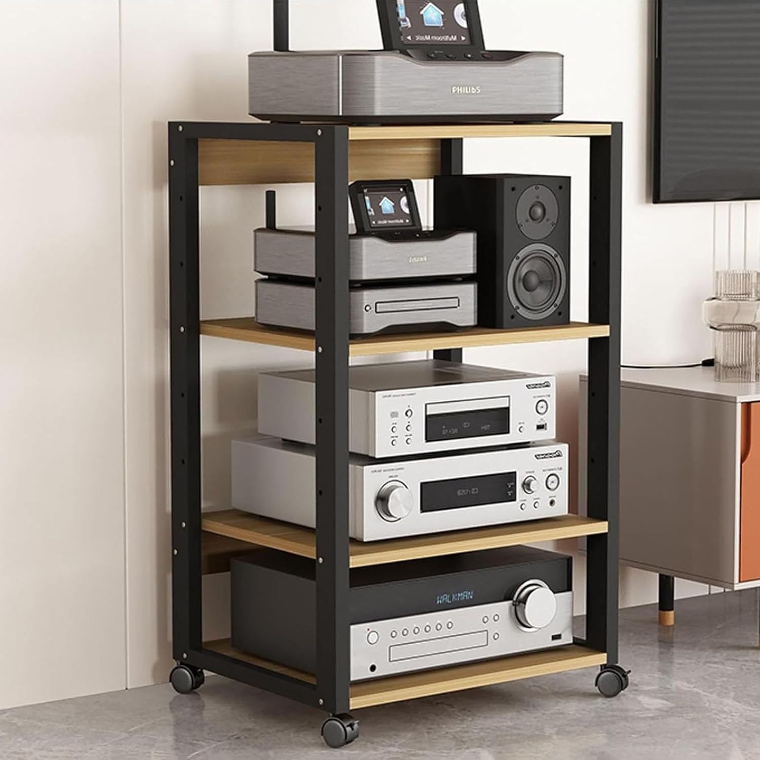 HOFSSI 4-Tier Metal Steel Frame Amplifier Rack Media Stand Wooden Corner Shelf Home Theatre Mobile Audio/Video Component Stereo Storage Rack CD Cabinet