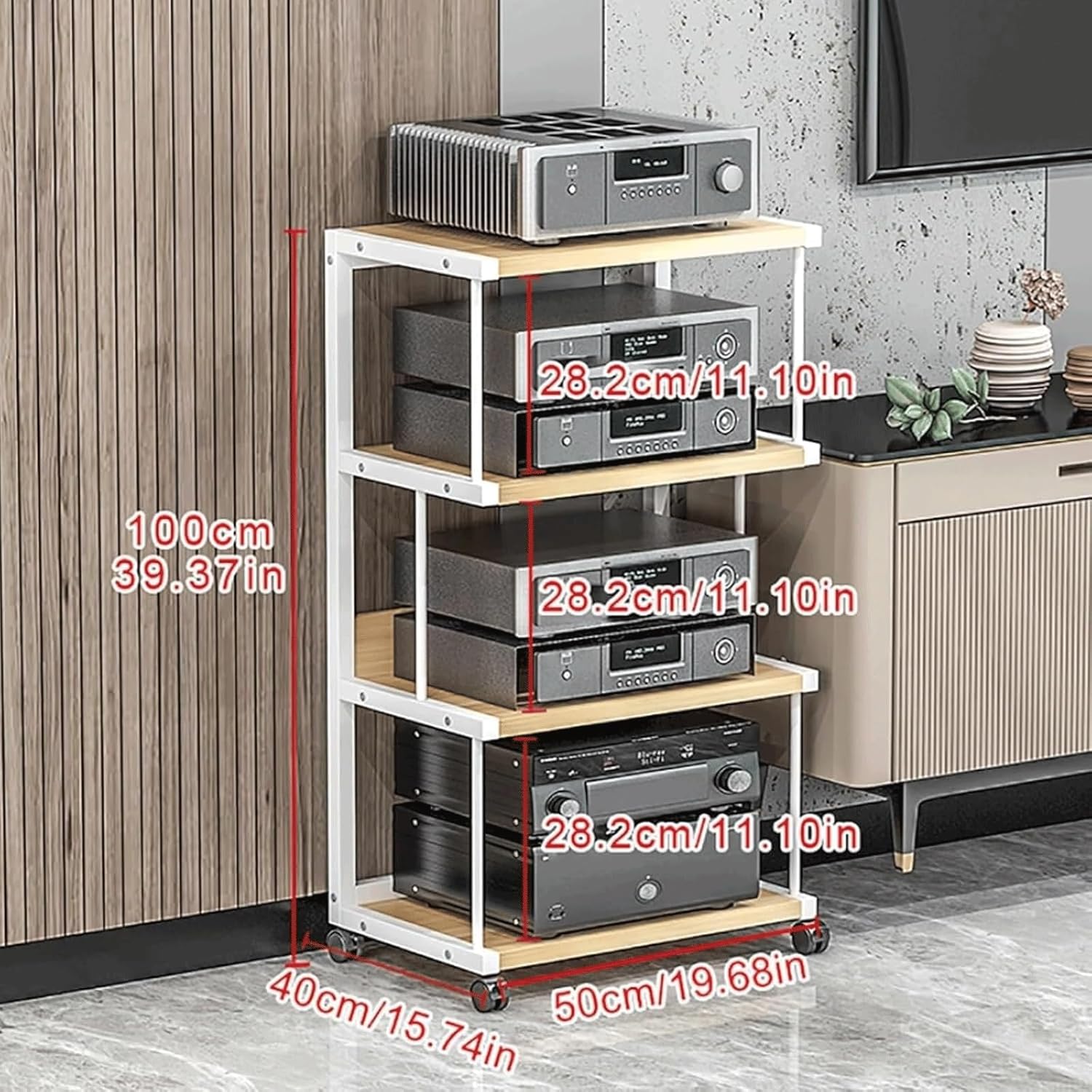 PZEOB AV Media Stand 3/4 Tier Audio Tower Rack with Wheels Audio-Video Shelving Wooden Media Storage Shelves Stereo Stand Stereo Rack(White