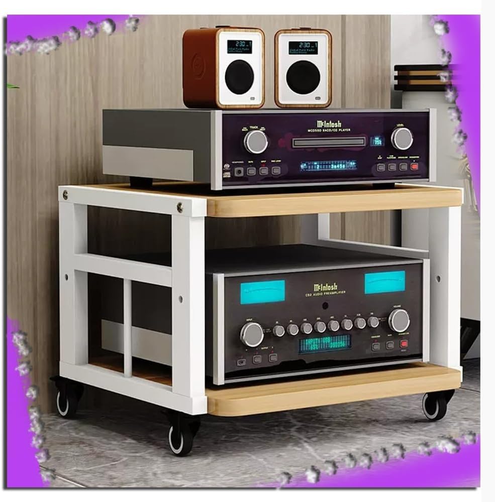 NILZA Audio/Video Storage Shelf Media Stand with Brake Wheel Audio Tower Audio Rack Adjustable Shelves Corner Audio Component Cabinet for Entertainment Components(White+Walnut