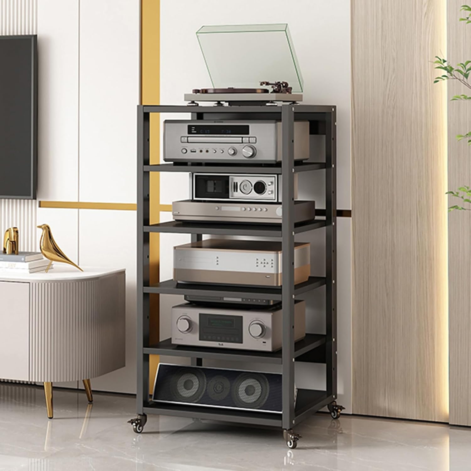 5/6-Tier Movable AV Media Stand Component Cabinet Corner TV Stand Record Player Stereo Rack Audio Tower with Height Adjustable Wooden Shelves for Home/Office/Theater