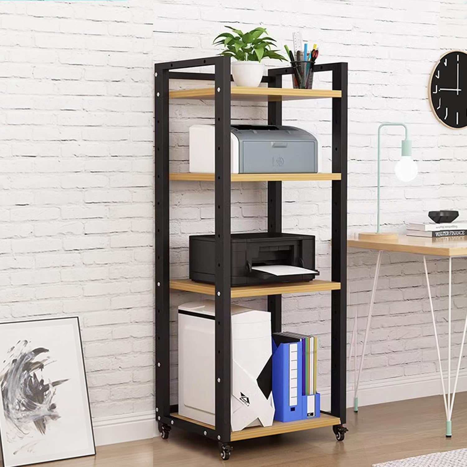 JIXDILO 4-Tier AV Media Stand with Wheels Adjustable Height Wooden Shelves Stereo Component Cabinet Storage Rack Audio Rack Tower for DVD Players Game Console TV Box(4-Tier