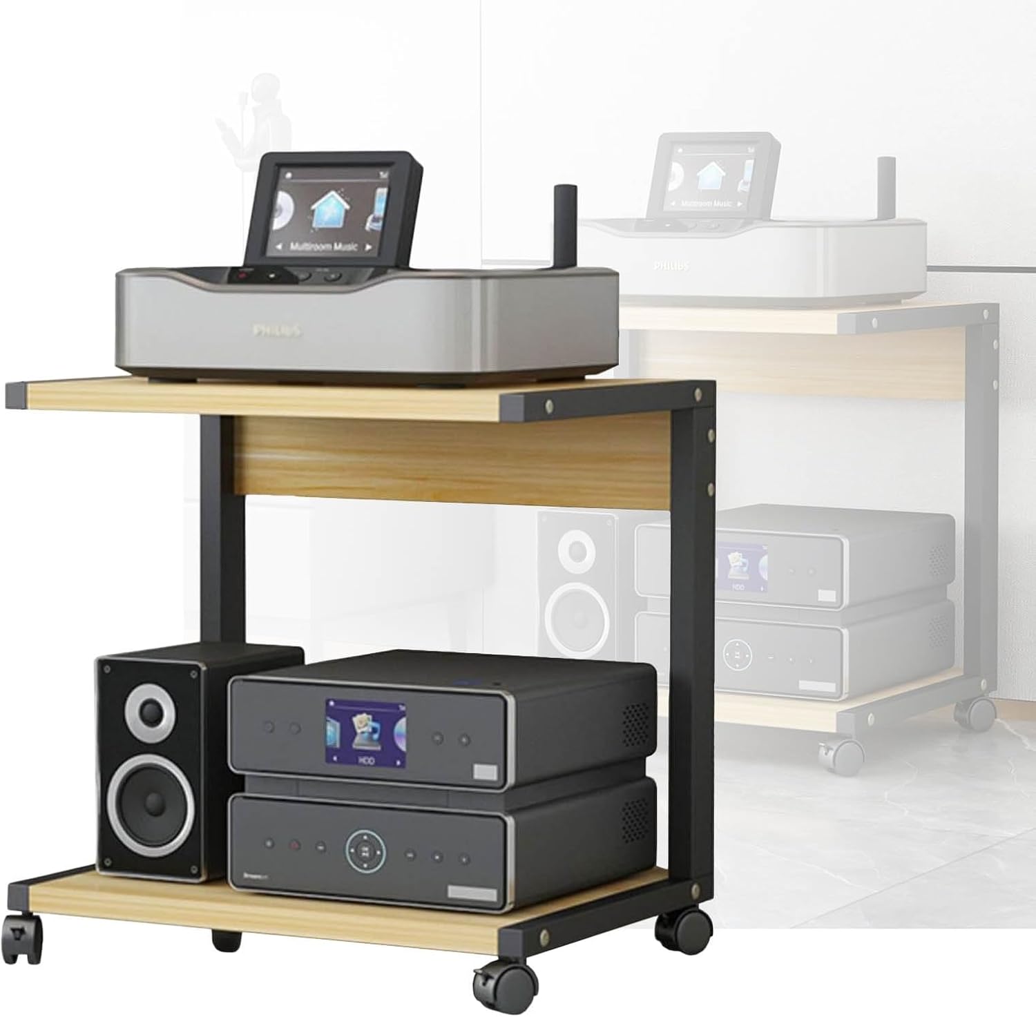 YLQFGUVWK 2-Tier Open Multi-Function Rack Floor Storage Rack Cart with Wheels Home Media Stereo Stand CD Player Rack Office Supplies Printer Stand