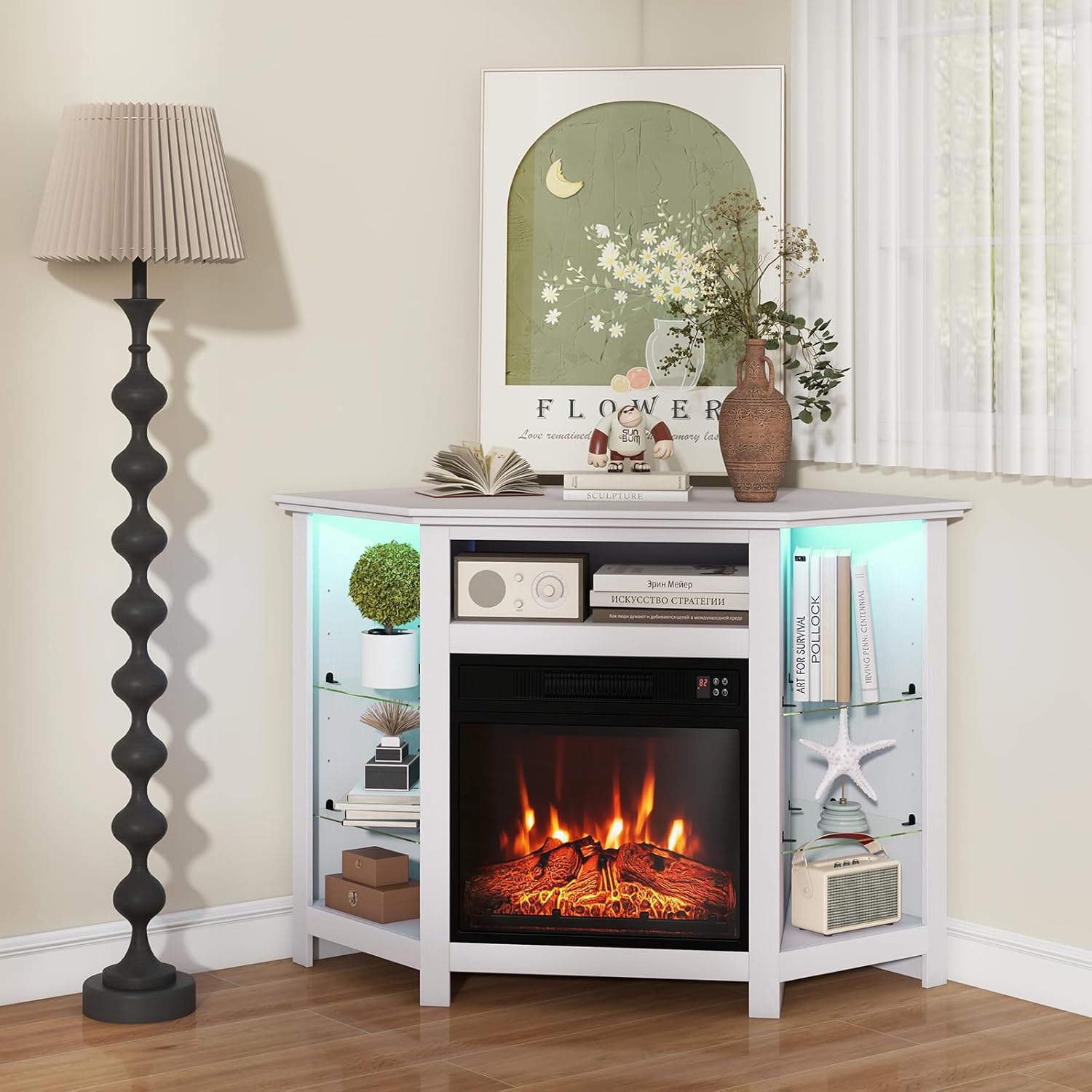 COSTWAY Electric Fireplace Corner TV Stand for TVs Up to 50 Inches