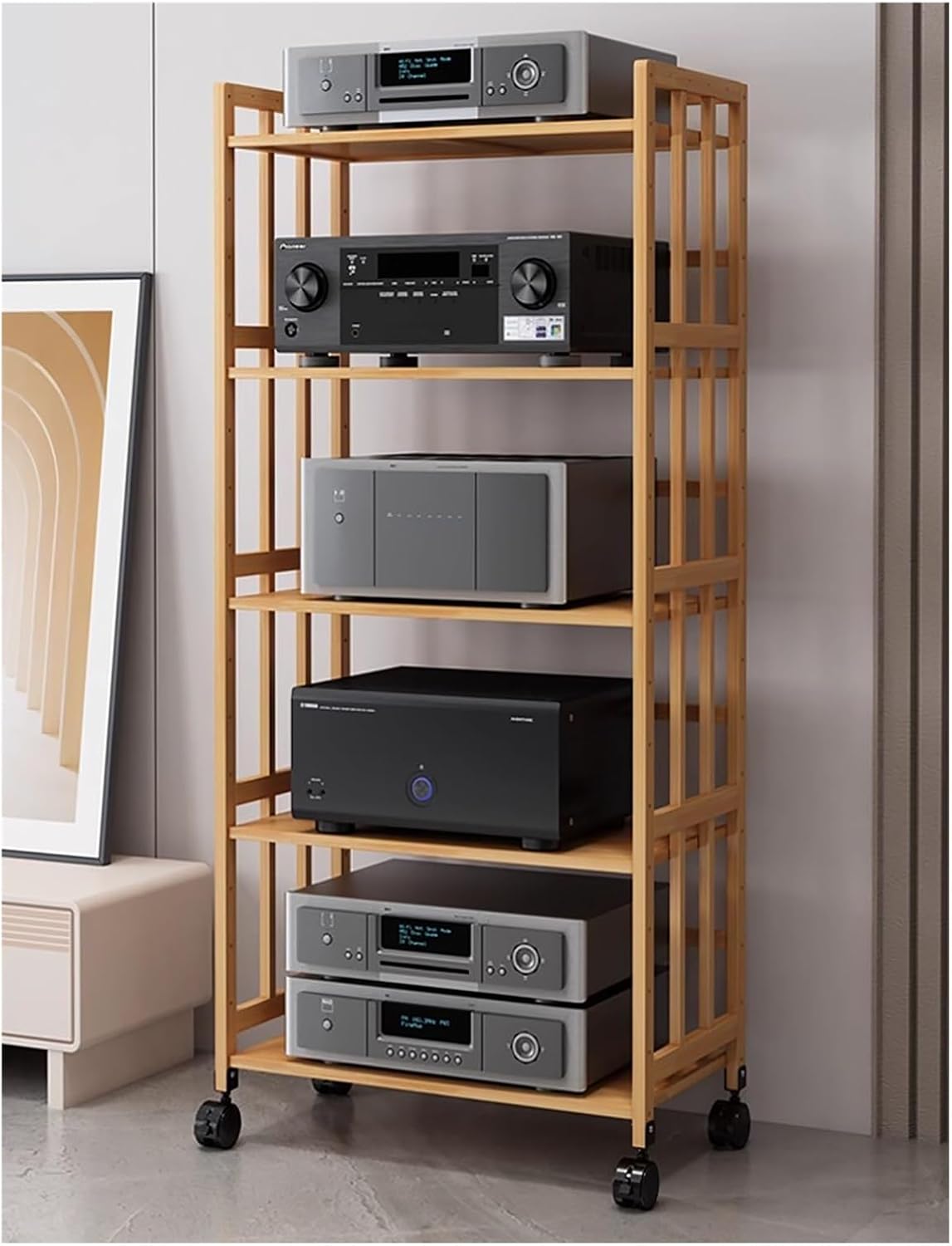 2 3 4 5 Tier Stereo Rack System Cabinet with Height-Adjustable Shelf & Wheels