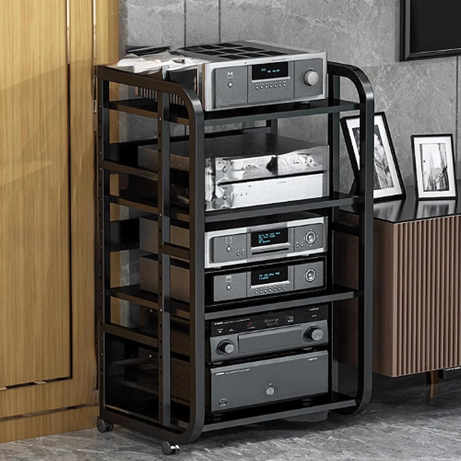 Heavy Duty AV Media Stand with Universal Wheels - 4-Layer Audio Rack Tower Storage Organizer