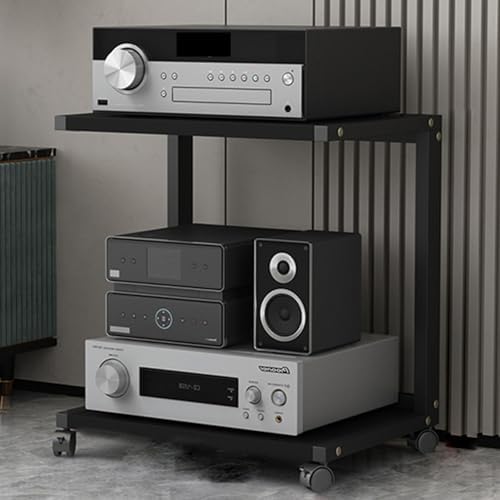 Modern Stereo Stand with Wheels - AV Media Rack Tower for Record Player & Gaming Setup