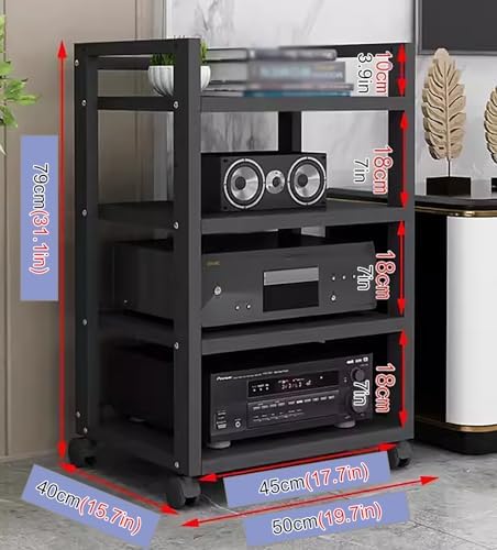 UYCVT Media Storage Cabinet On Wheels with Adjustable 4-Tier Wooden Shelves Floor-Standing Audio Video Organizer for Stereos Black-4 tier-50cm Wide