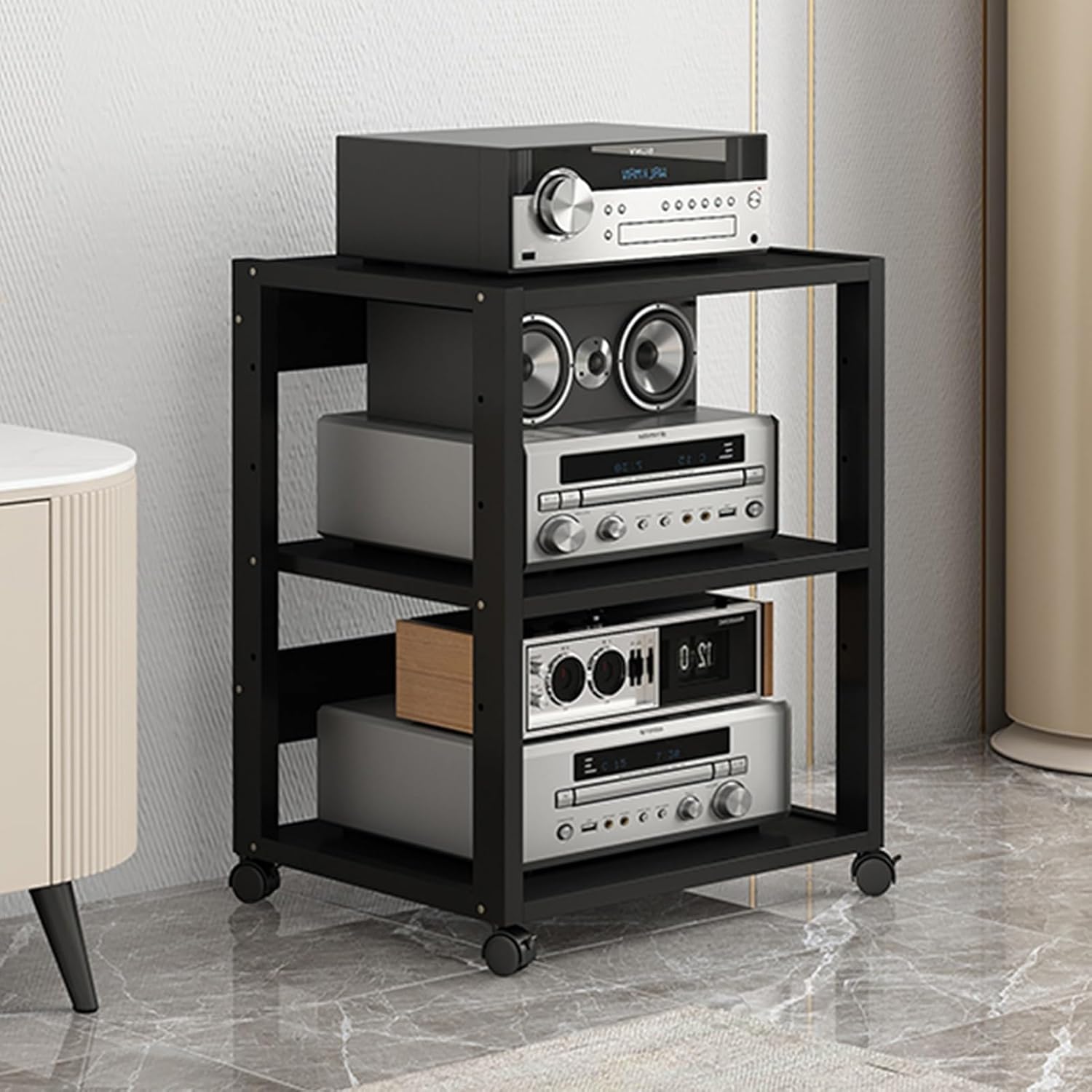 3 4 Tier Modern AV Cabinet with Height Adjustable Wood Shelf & Wheels