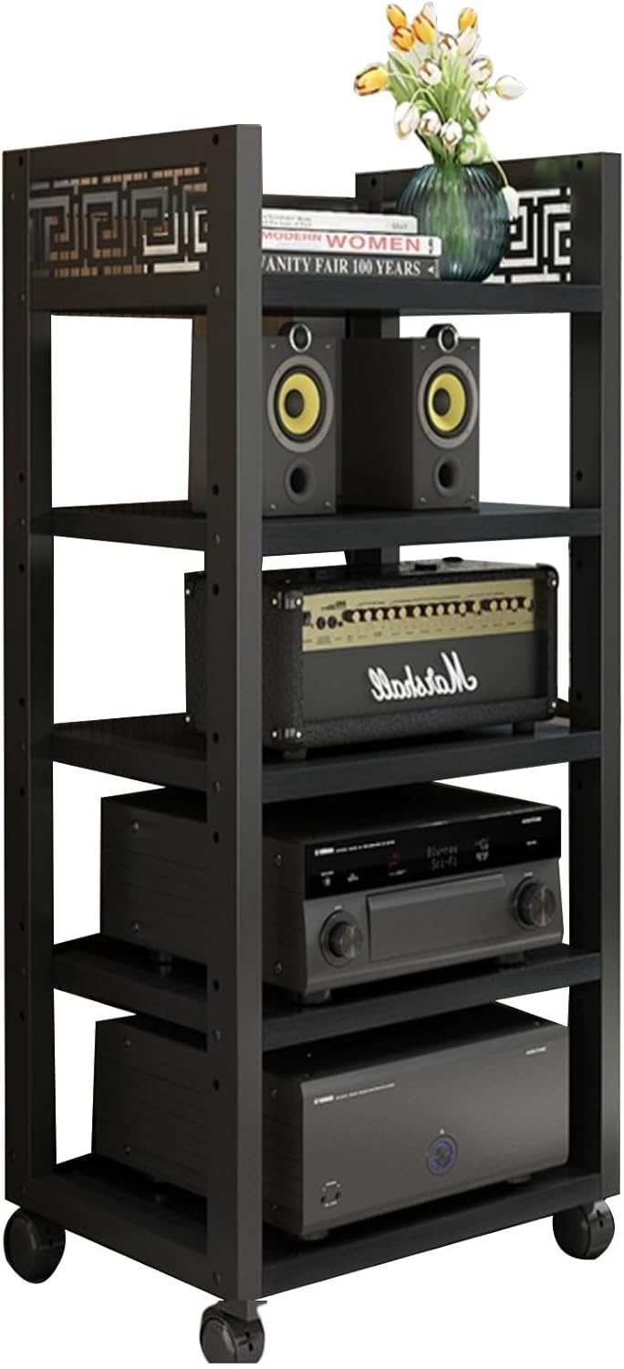 YLQFGUVWK AV Media Stand Corner Rack 5 Tier Component Cabinet Stereo Rack Audio Tower With Height Adjustable Wood Shelf For Home/Office/Audio Video/DJ/Theater(Black)