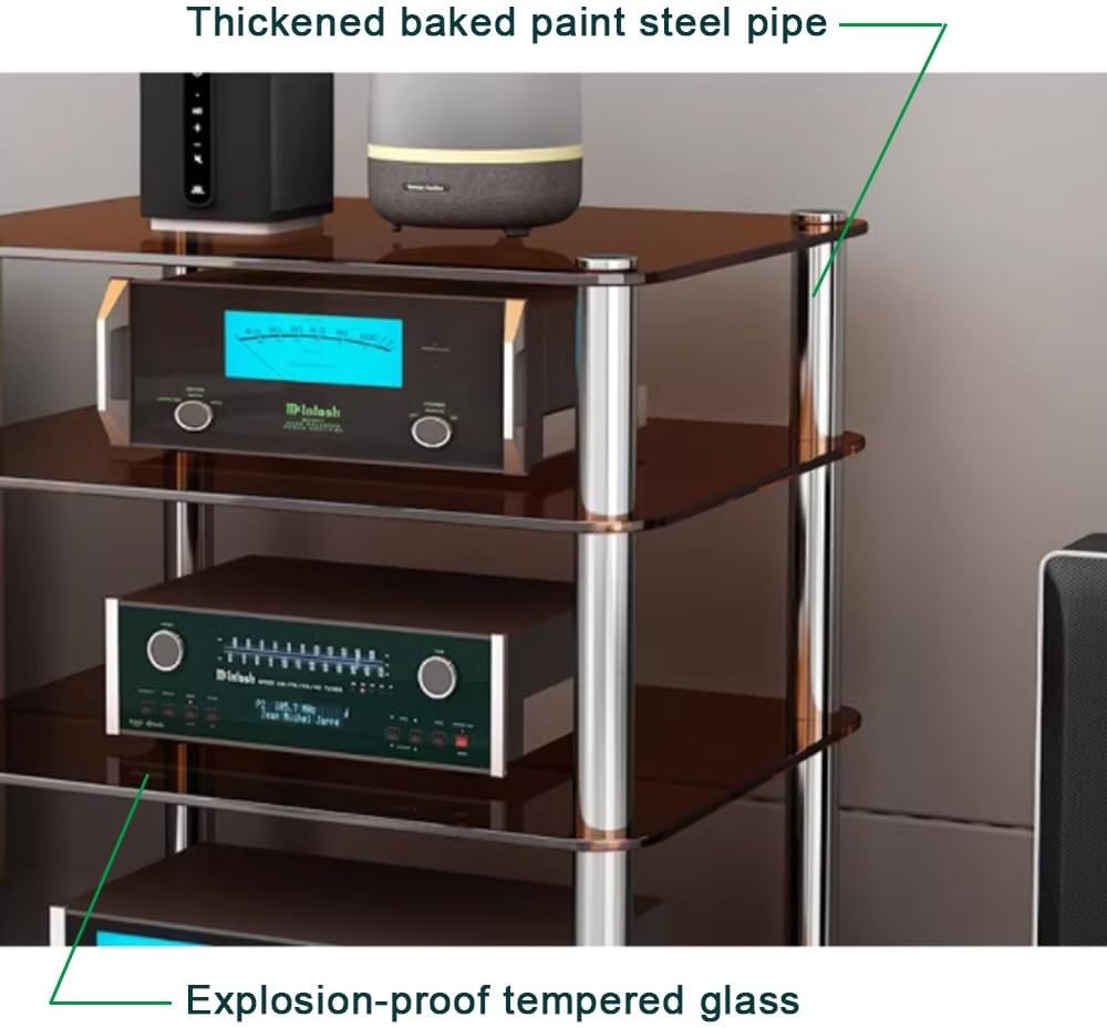 BERWDUXA AV Media Stand Tempered Glass Audio Rack Tower 1 2 3 4 Tier CD DVD Player Stand HiFi Rack Storage Cabinet for Entertainment Stereo Components(Clear