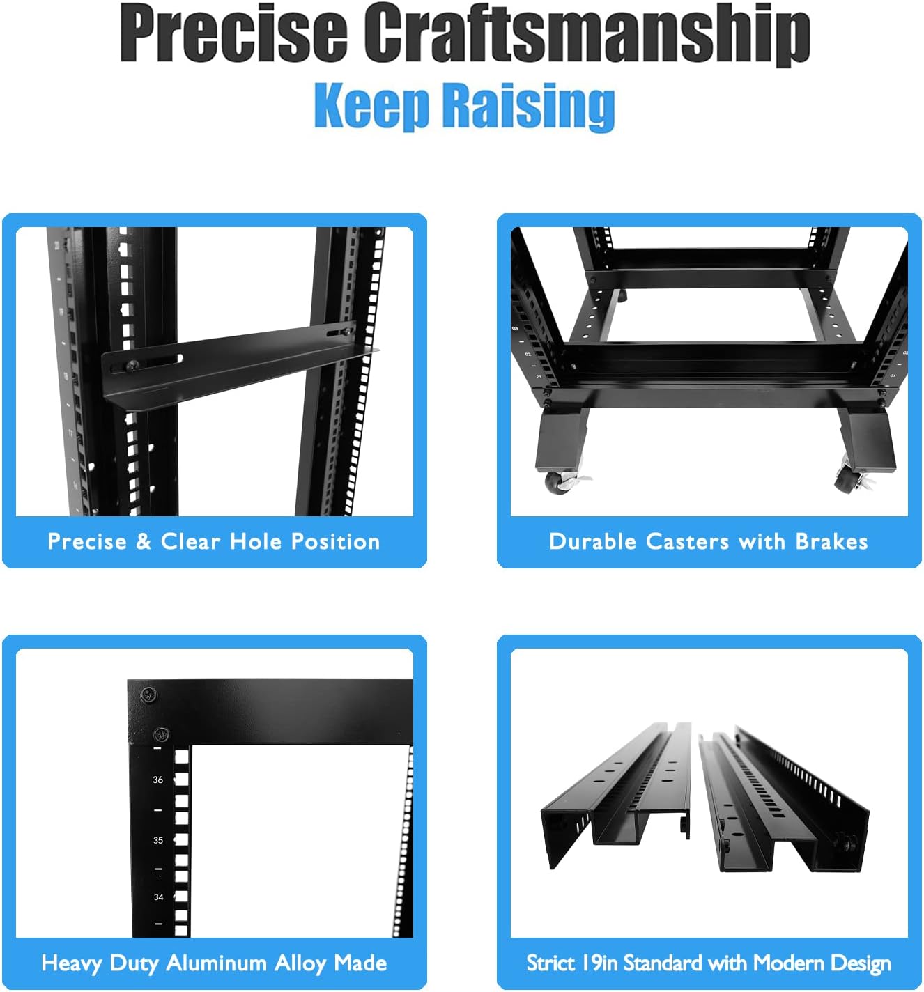 Raising Electronics Server Rack Open Frame Rack 4 Post 19 inch Adjustable Server/Audio Rack Cold Rolled Steel(42U