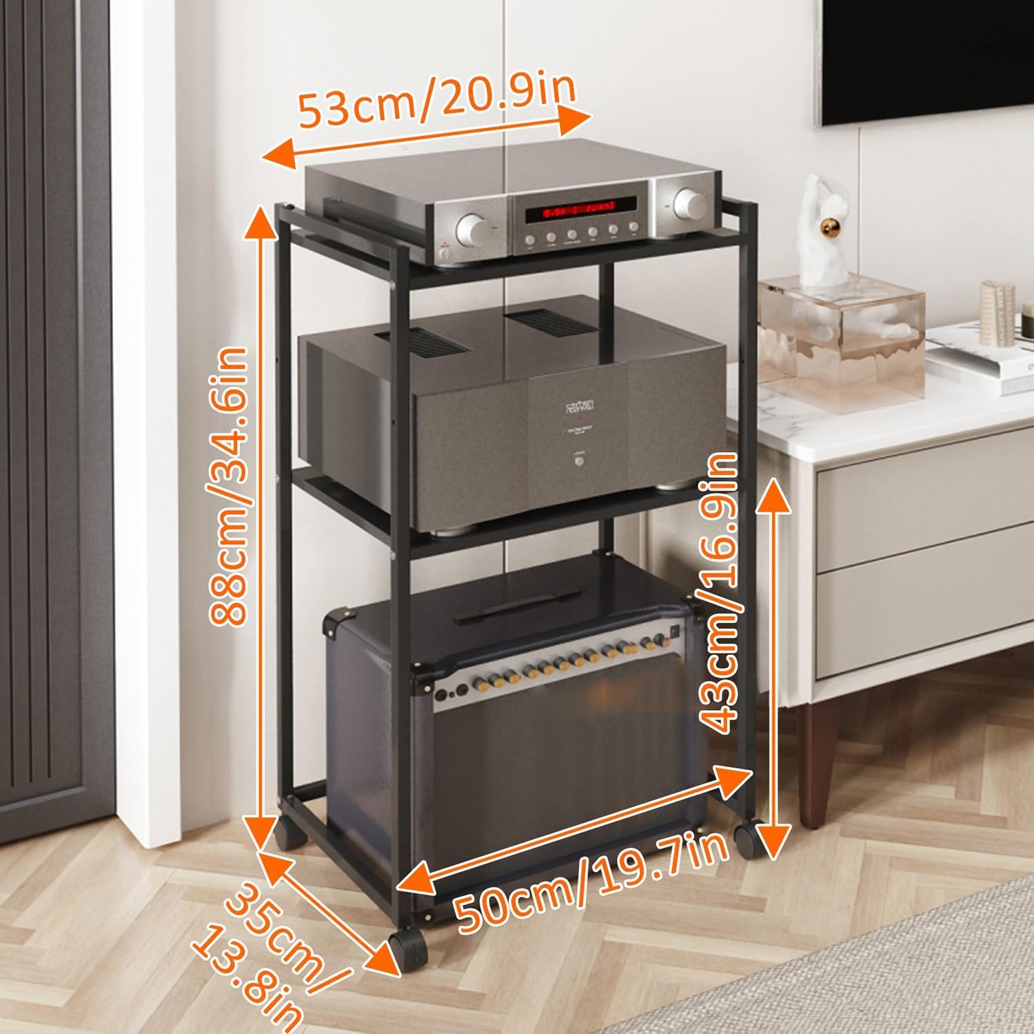 3/4 Tier Floor-Standing Audio Rack AV Media Tower Stereo Cabinet with Universal Wheel Stereo Rack Shelves Media Console for Livingroom Gaming Recording Room DVD Player Game Console.(50x35x88cm)