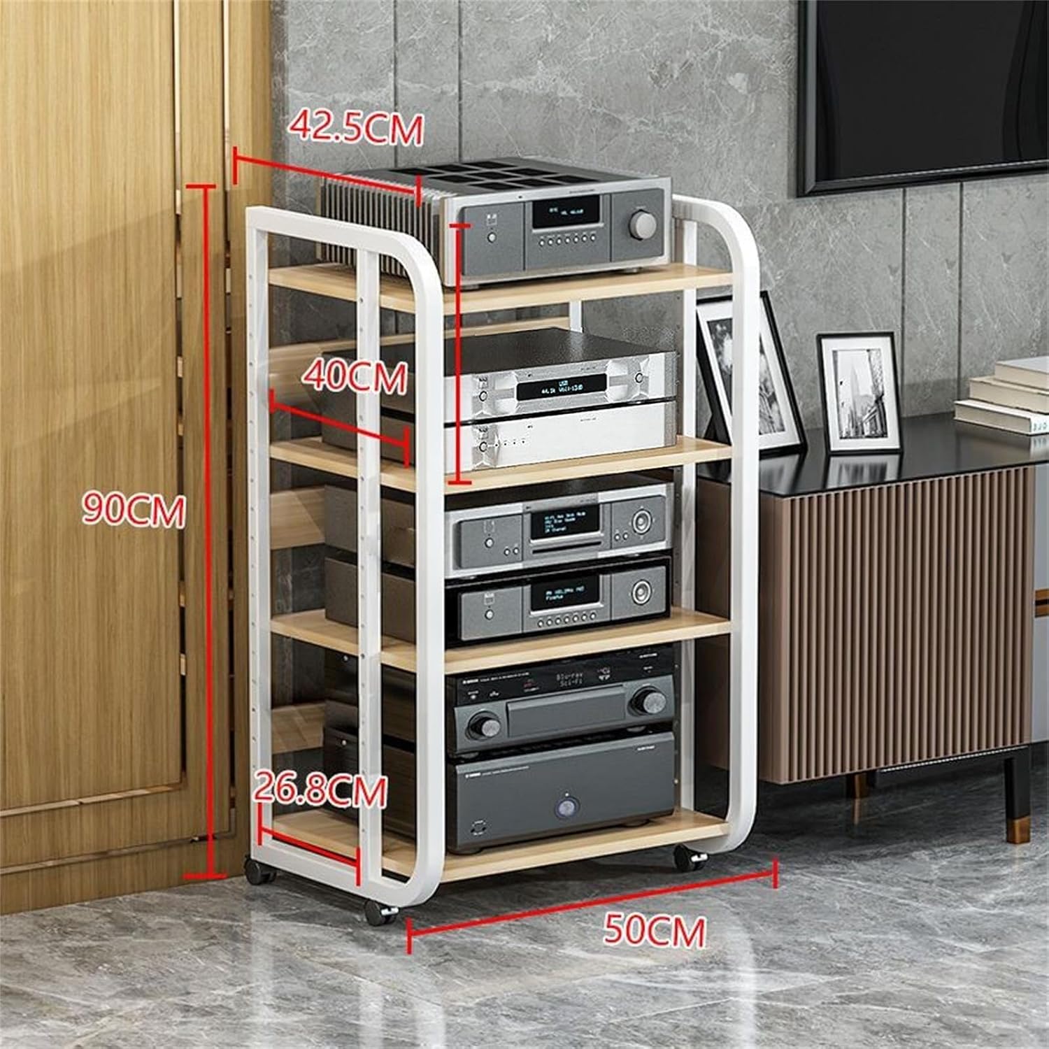 4-Tier AV Media Stand with Adjustable Shelf & Wheels - Heavy-Duty CD Player & Home Stereo Rack
