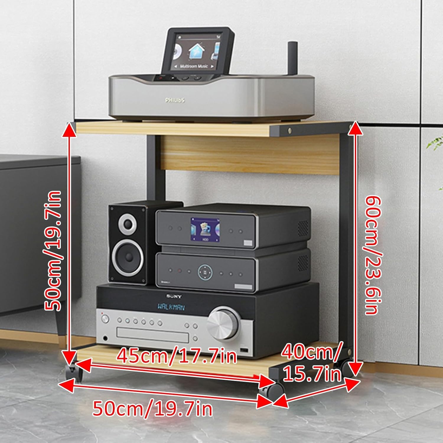 Modern with Wheels Audio-Video Media Stand 2-Tier AV Media Stand Corner Shelf Media Console Cabinet with Height Adjustable Wooden Shelves Stereo Racks and Stands with Storage Shelves(Black+wood