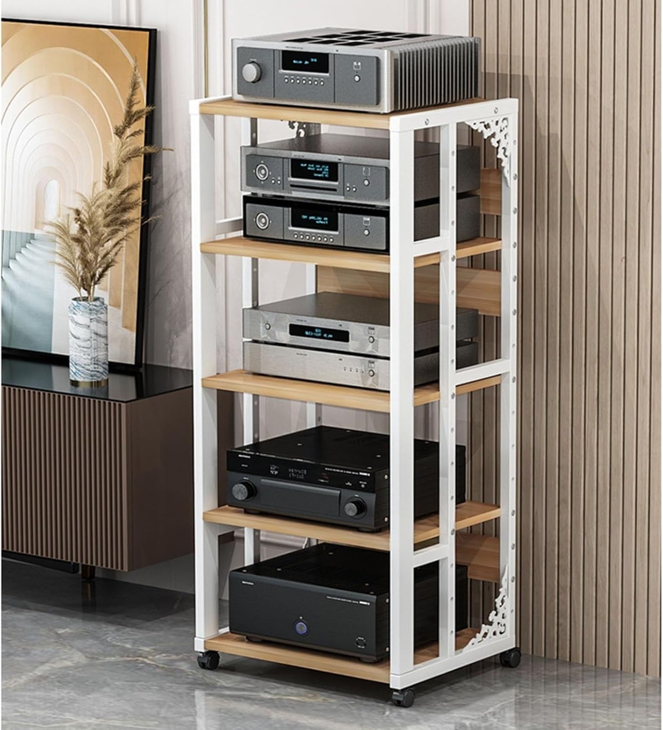 UYCVT Movable Media Stand Multi-Function Movable Audio Video Storage Cart Cd Player Media Stand Amplifier Rack-White - C-5 Tier