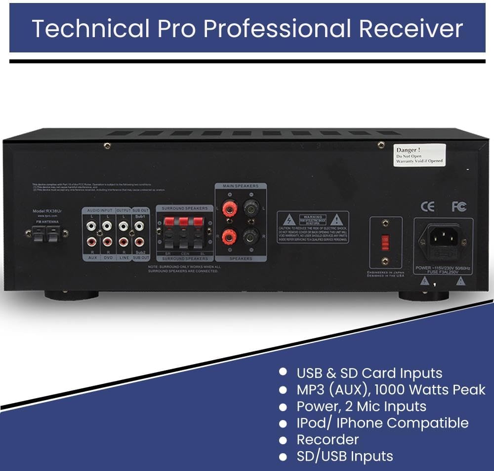 Technical Pro 1000 Watts Professional Home Theater Receiver System with USB and SD Card Inputs + 2 Pairs of 5.25 Inch Ceiling Wall Mount Frame-Less 2-Way Mid bass Woofer Speaker