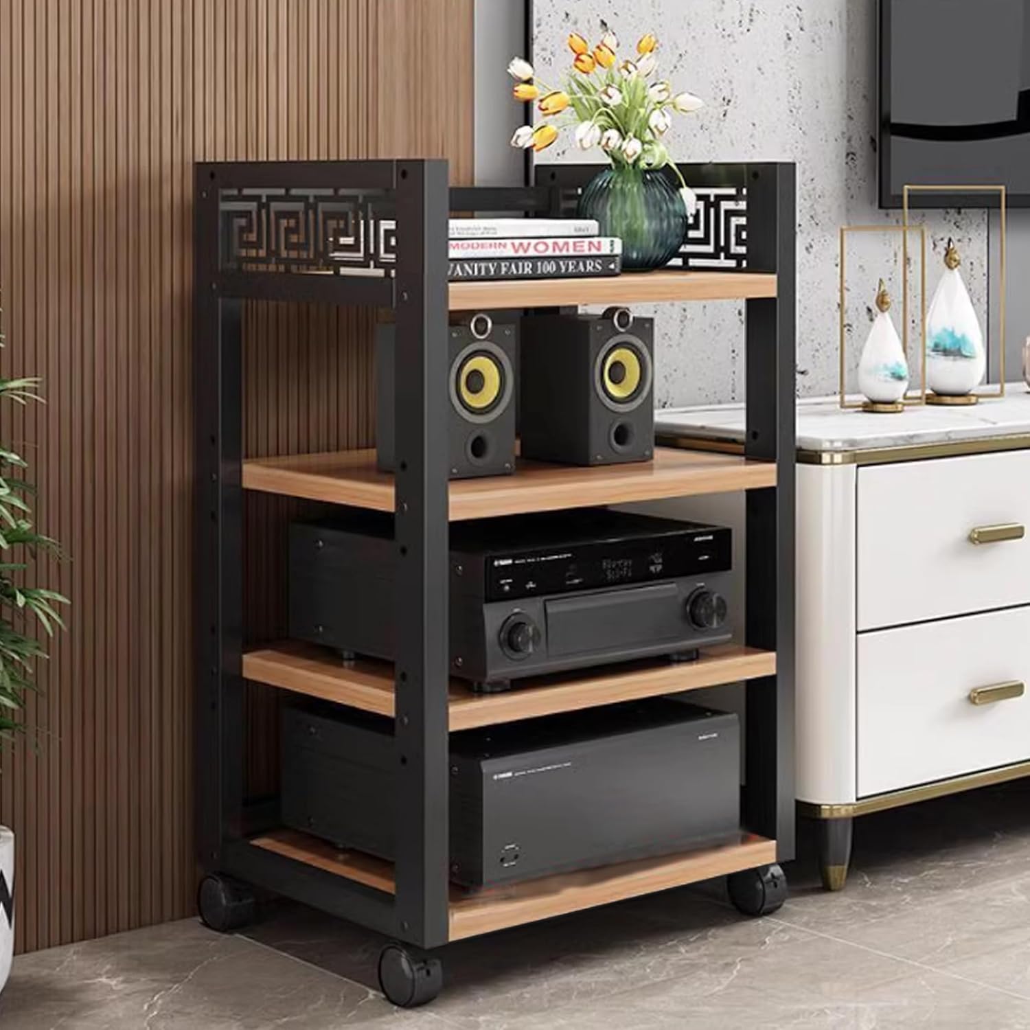 2/3/4/5 Tier AV Media Stand audio-video shelving Movable Wooden Corner Shelf Audio Video Component Cabinet Stereo Stand Audio Tower and Media Center