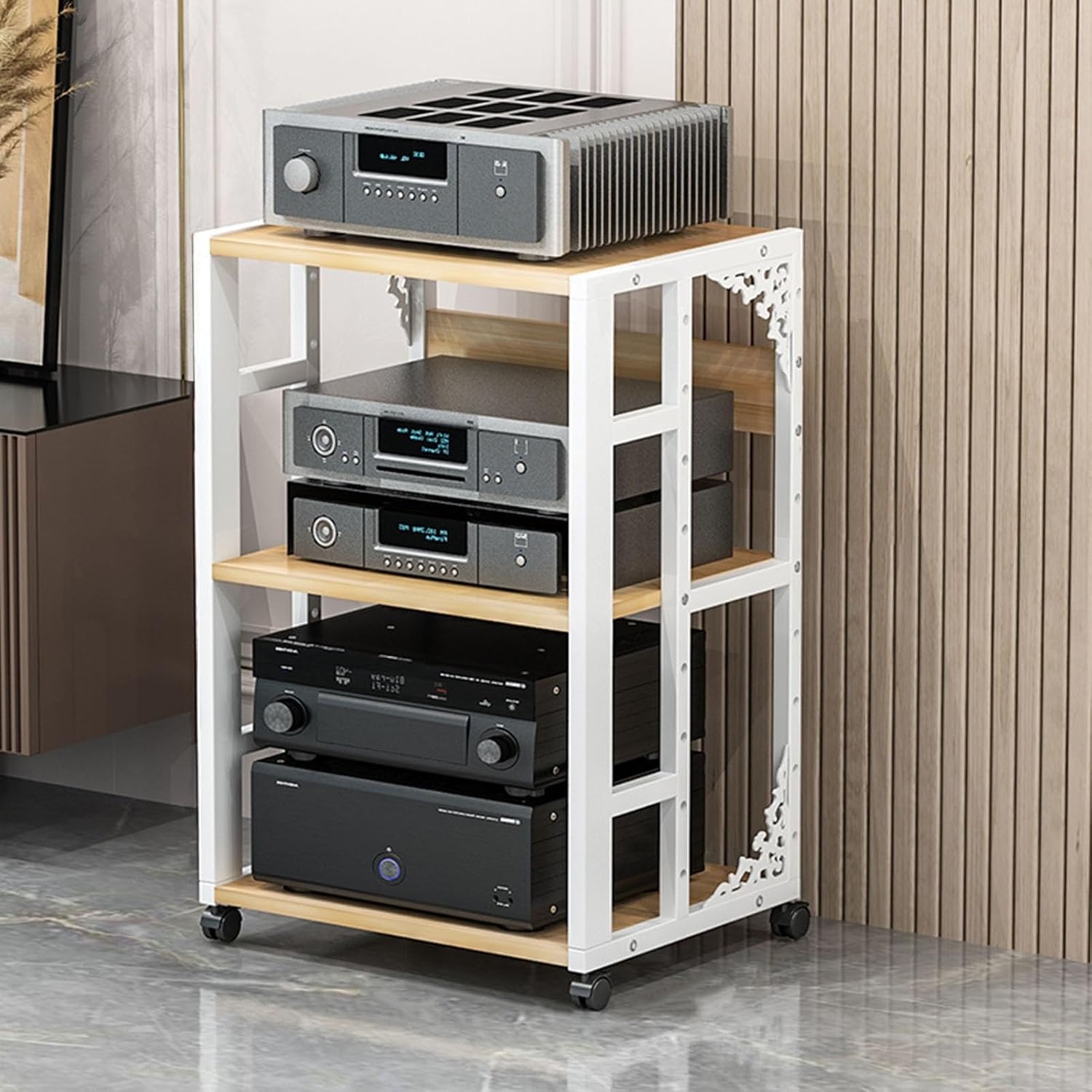 3/4/5-Tier AV Media Stand Cabinet Floor-Standing Audio Rack CD Player Stand Home Corner TV Stand Stereo Components Cabinet Multi-Function Open Storage Shelf with Wooden Shelves