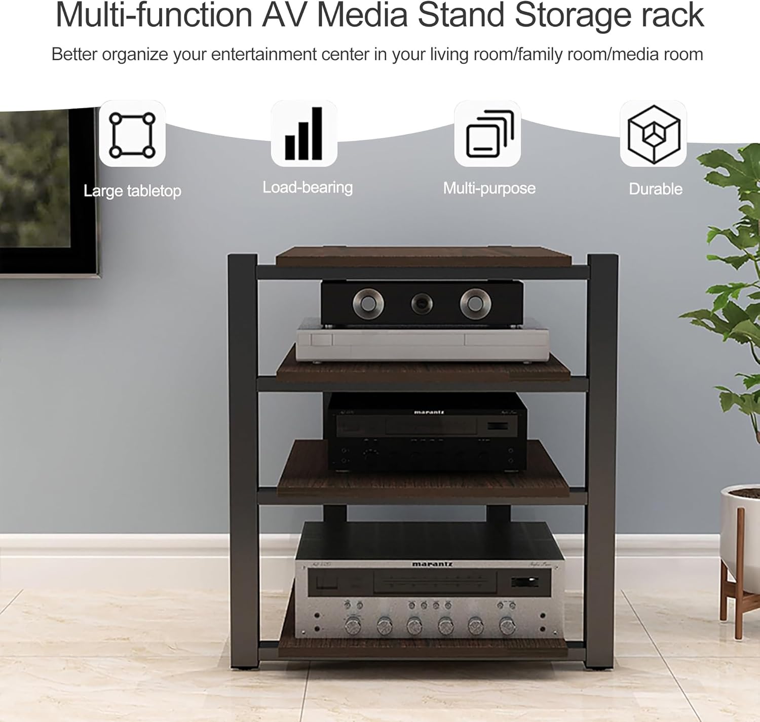 OVOGGPAN 2/3/4 Tier Audio Rack AV Media Stand audio-video shelving Media Audio Tower Cabinet for Entertainment Stereo Racks Component Storage and Collection Display(Black Walnut
