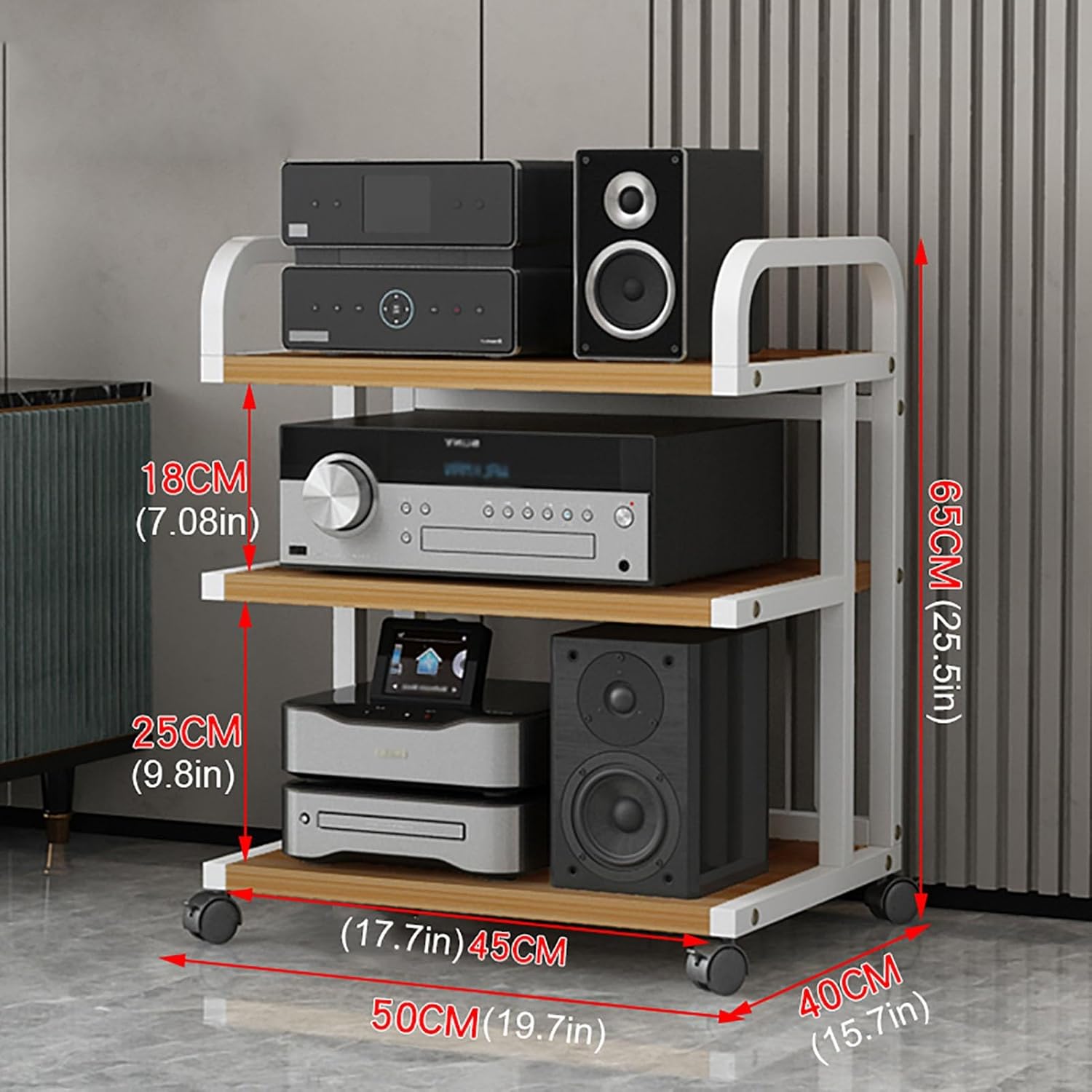 HOFSSI 3 Tier Movable Audio Stand Media Player Stand Open Storage Rack Floor-Standing Multi-Function Shelf Cabinet with Wheels for Home/Office/Audio Video/DJ/Theater 3 Colours Available (Color : D)