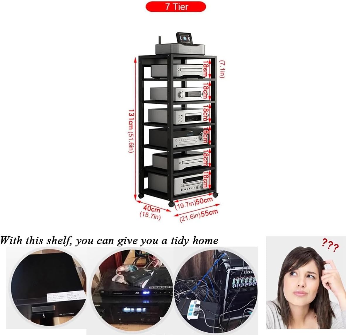 BYZOMU 7 Tier 131cm Tall Audio Video Rack Tower/TV Stereo Media Storage Cabinet