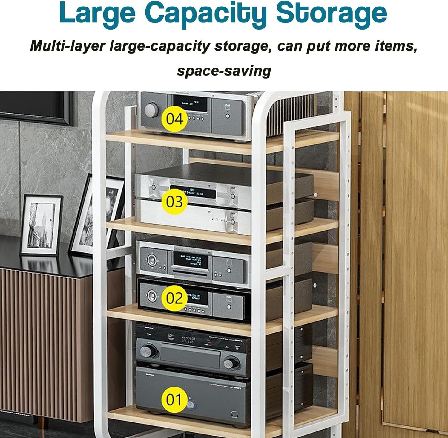 4-Tier AV Media Stand with Adjustable Shelf & Wheels - Heavy-Duty CD Player & Home Stereo Rack