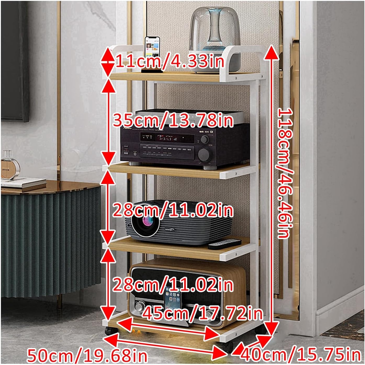 Audio Rack Movable Corner Storage Shelf with Wheels 3/4 Tier Floor Standing Audio Rack with Universal Wheels Entertainment Stereo Stand Media Tower for Living Gaming Recording Room.(White