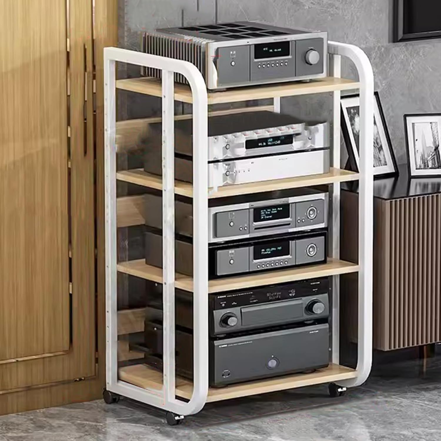 Audio Video Media Stand Cabinet with Height Adjustable Shelf & Wheels
