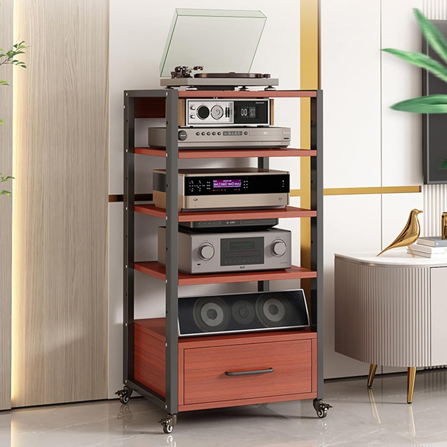 AErosx Movable AV Media Stand CD Player Stand with Drawer Stereo Component Cabinet Media Center Audio Tower Media Storage Rack with Height Adjustable Wood Shelf for Home/Office/Theater (Color : A)