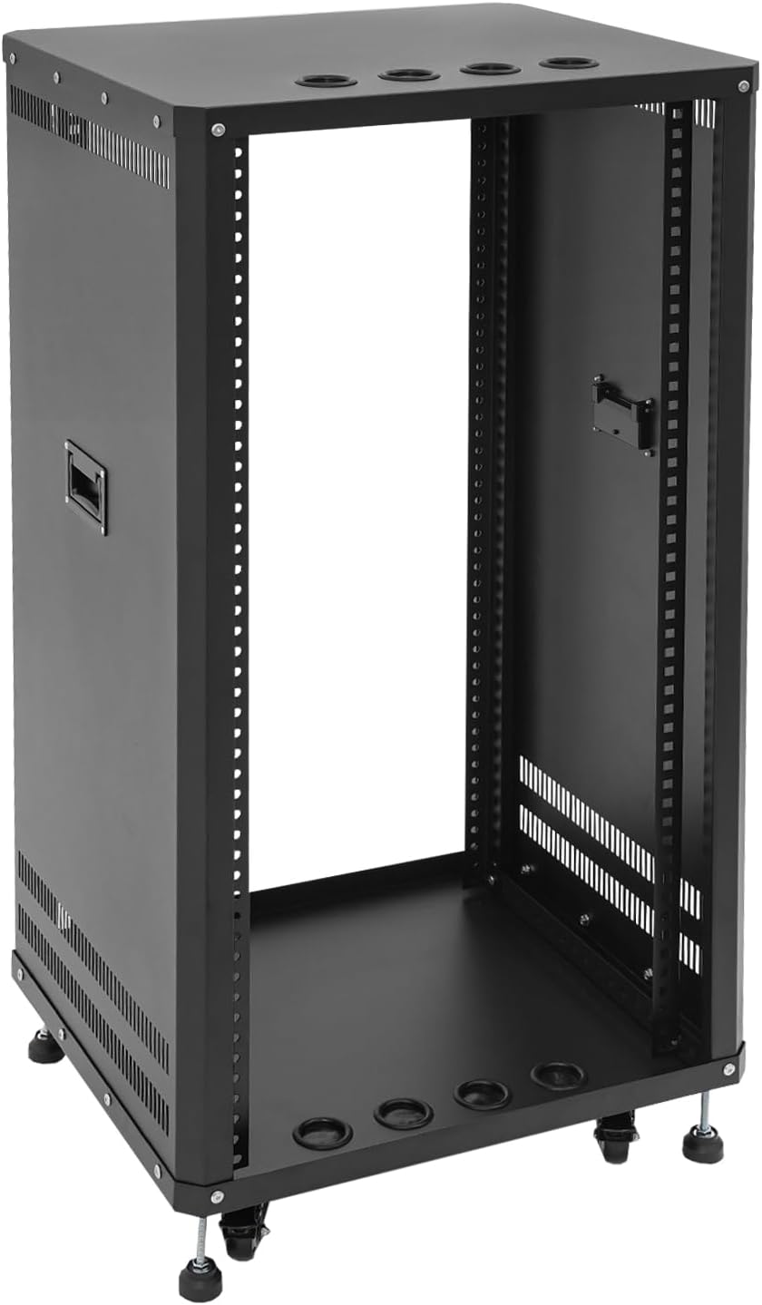 22U Network Rack with Wheels | Open Frame Audio Rack Cabinet | Rolling Wheels Floor Standing Rack | Network Devices Storage Rack Cabinet | Audio & Video Equipment Storage Cabinet (Black