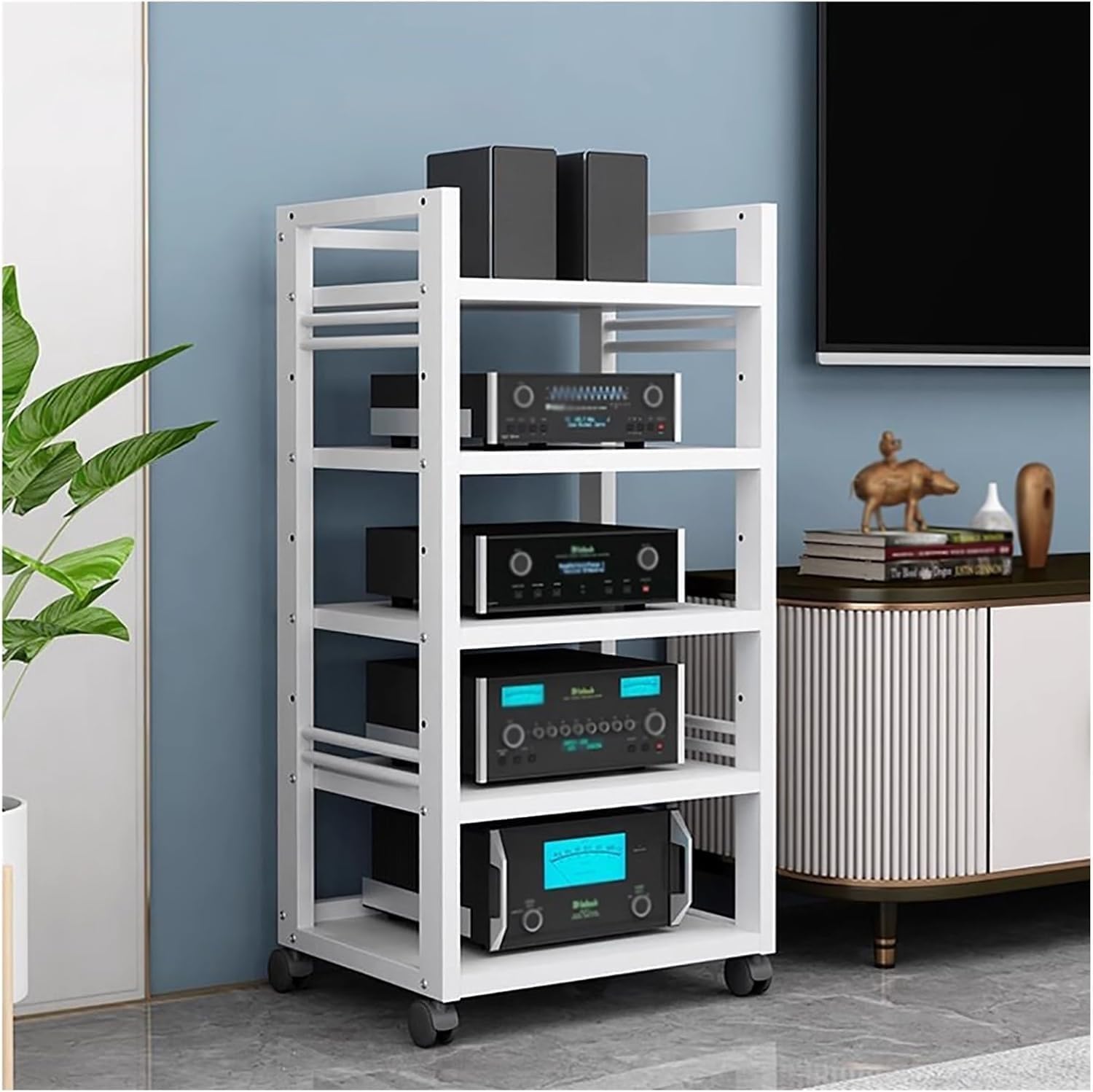 ROPCVAX 5 Tier AV Media Stand Corner Shelf Audio Rack Tower Stereo Component CD Record Player Storage Rack Cabinet Game Console Turntable Entertainment Center Shelves For Living Gaming Room