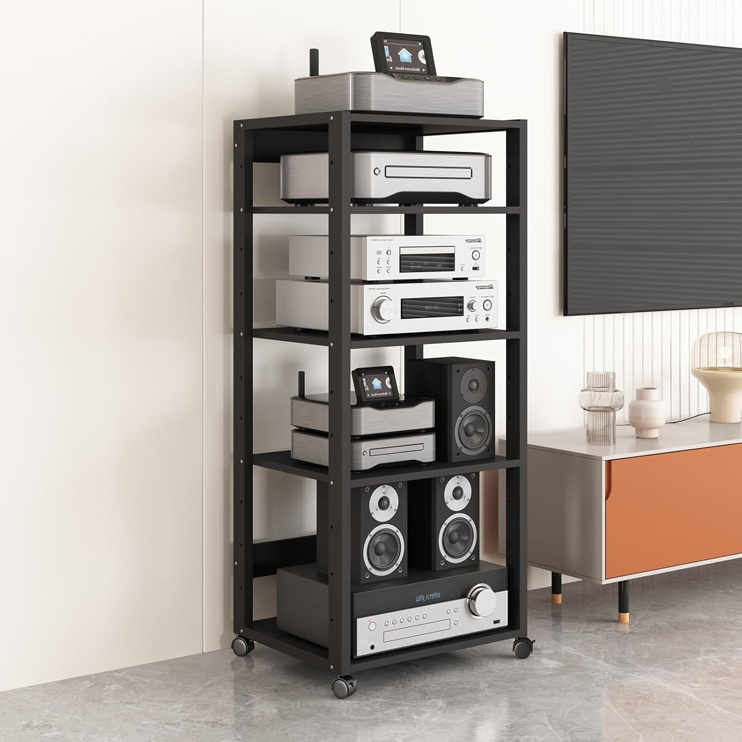 5/6/7-Tier Movable AV Media Stand Power Amplifier Storage Rack CD Player Stand Audio Tower with Height Adjustable Wooden Shelf