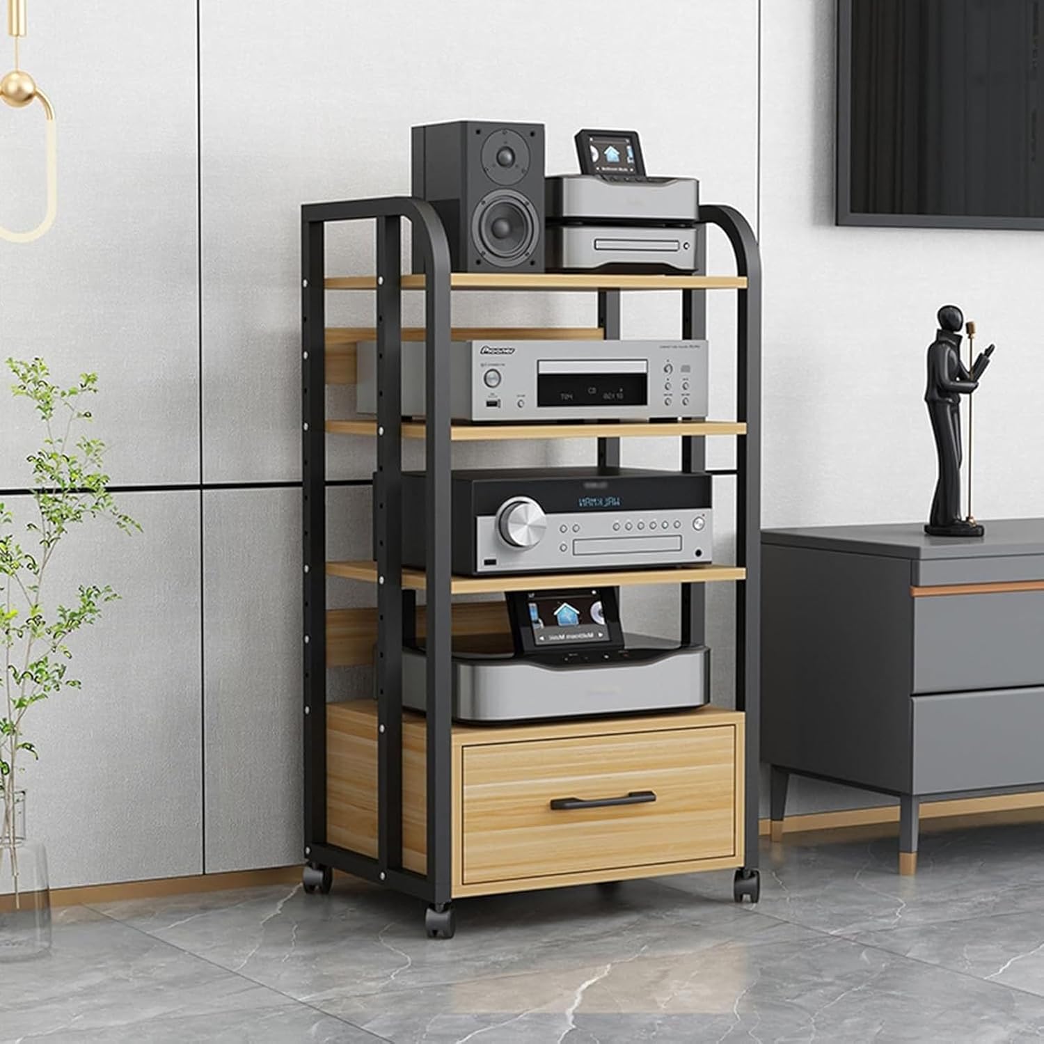 DONGYUE 5-Tier Movable Audio Rack TV Corner Shelf CD Media Player Stand Stereo Component Cabinet with Height Adjustable Wooden Shelf and Storage Drawer for Home/Office/Theater