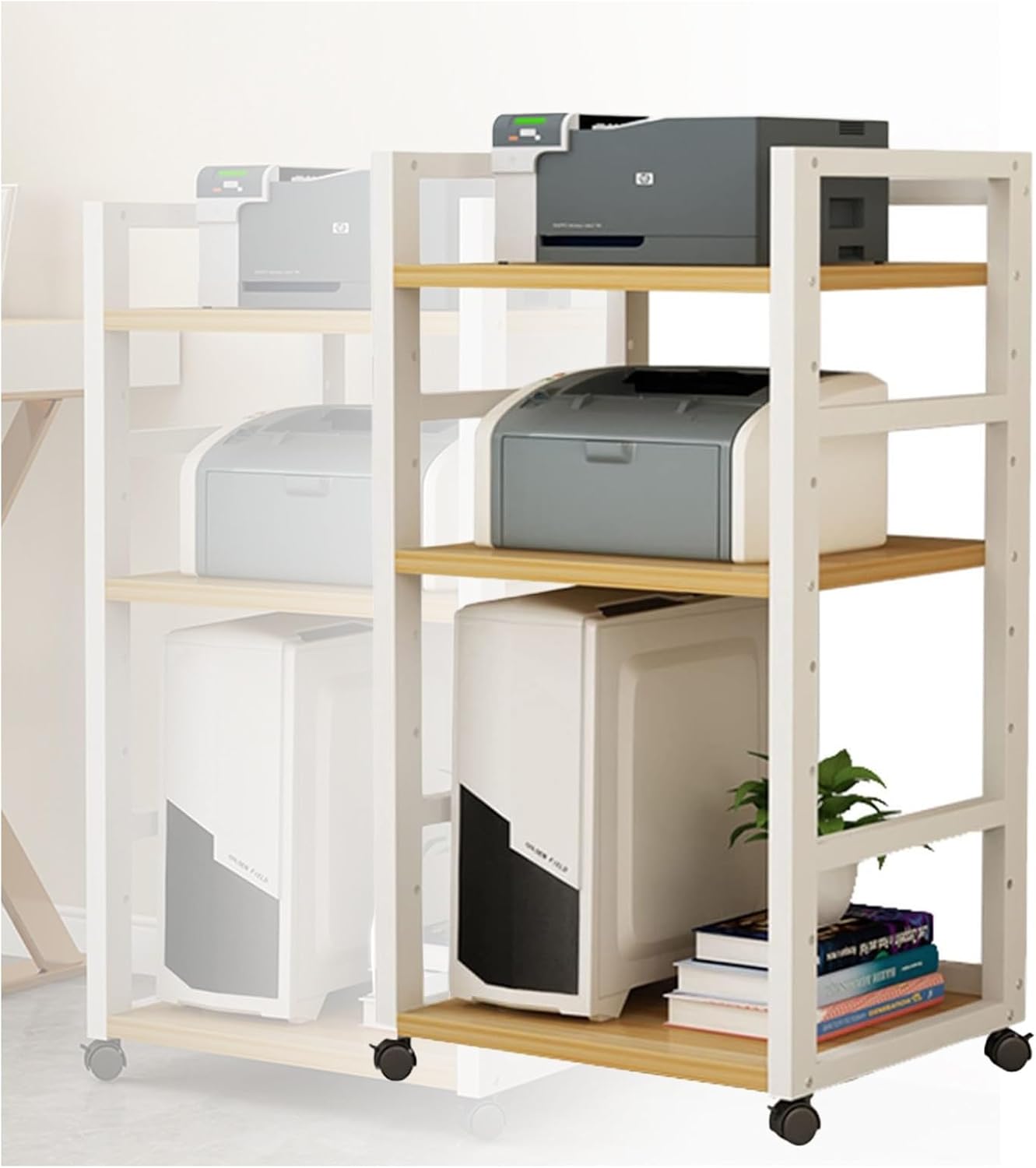 YLQFGUVWK 3 Tier AV Media Cabinet Stand Assembly Cabinet Storage Rack Home Storage Book Shelf Floor Stand Open Storage Cart with Wheels Office Printer Stand (Color : White