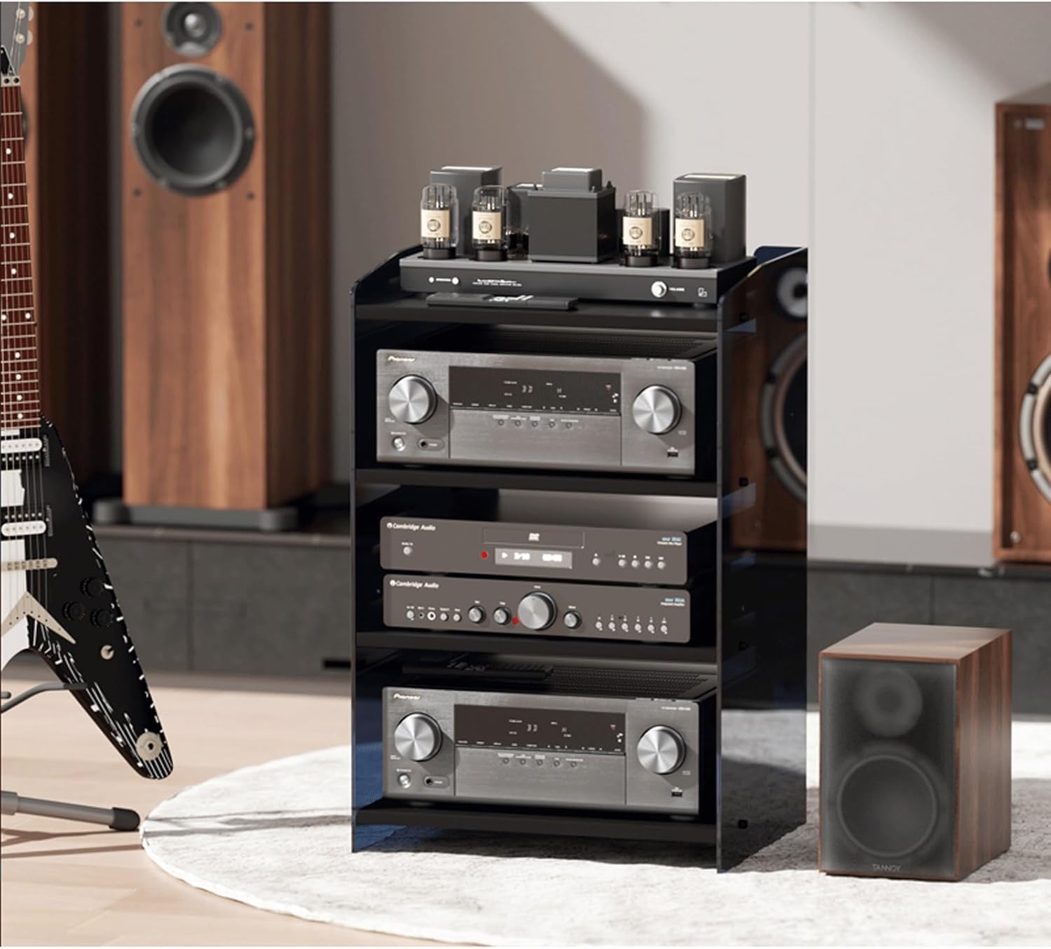 XMFBSY Medios Acrylic Audio Rack Tower HiFi AV Media Stand with Adjustable Shelves Modern Record Player Console Rack Audio-Visual Shelving Stereo Cabinet for Home Organizer(Black