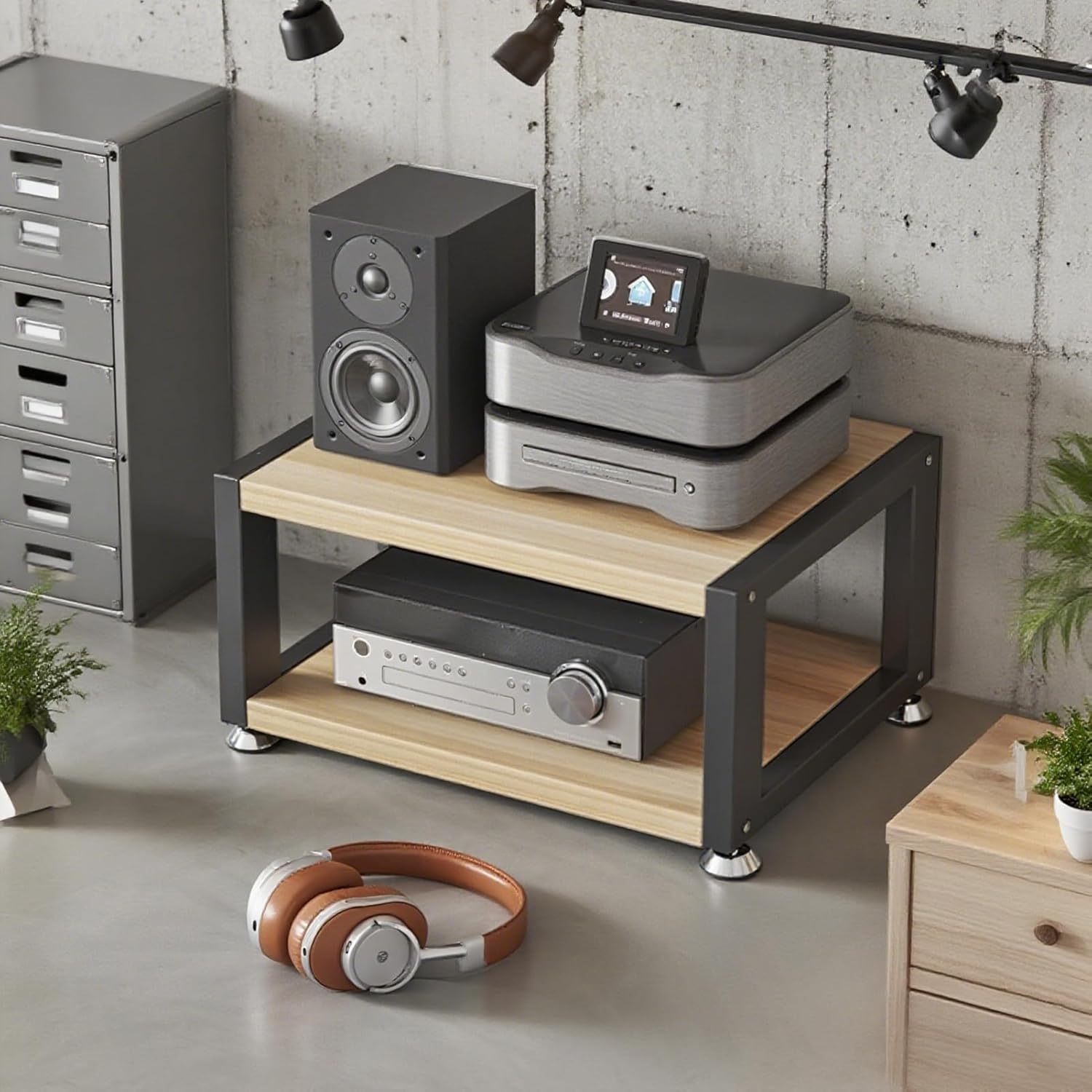 Audio Cabinet Rack AV Media Stand with Wooden Shelf
