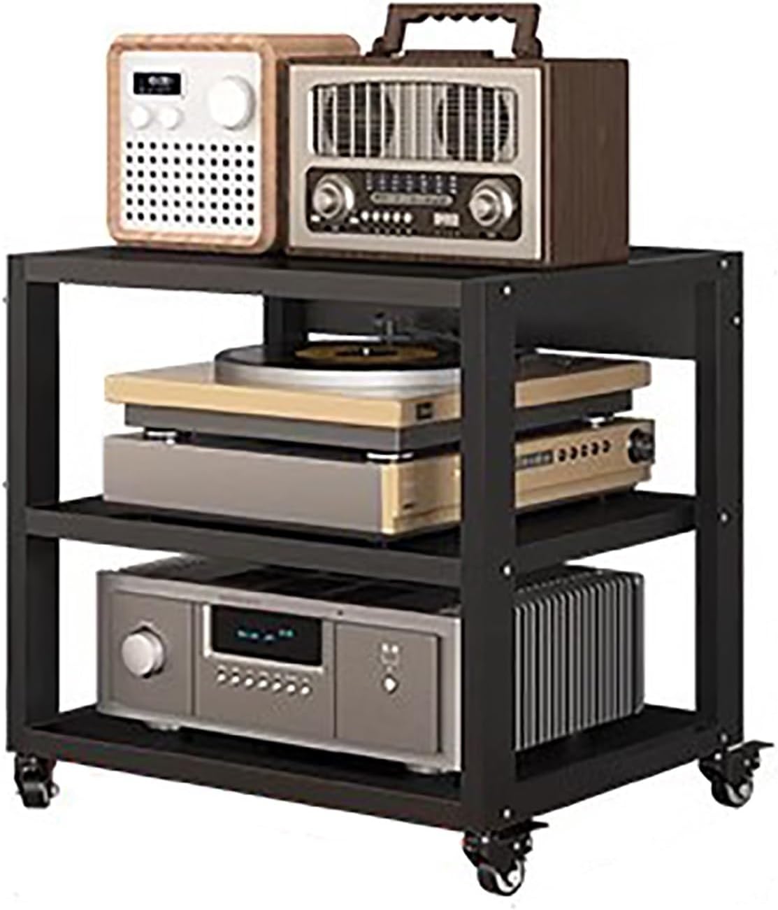 USZWBY HiFi Racksheavy Duty 2 Tier Audio Rack Cabinet with Wheels Entertainment Stereo Components Stand for Audio Video Media Av Shelf Tower Racks and Stands(H 48.2Cm-3 Tier)