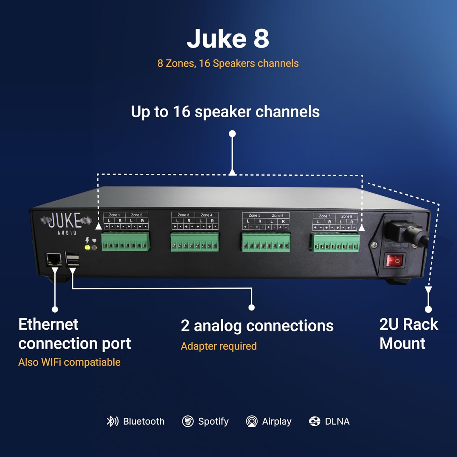 Juke-8: 8 Zone Multi-Room Amplifier | Built-in Music Streaming & Wireless App Control | Supports 8 Audio Sources Simultaneously | Whole Home Audio System | Airplay 2