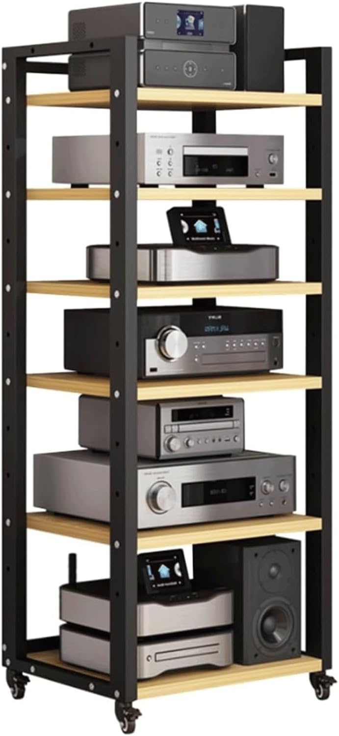 PZEOB Audio Rack AV Media Stand Adjustable Media Storage Shelves with Wheels Movable Audio-Video Shelving 5/6/7 Tier Audio Rack Tower(Natural