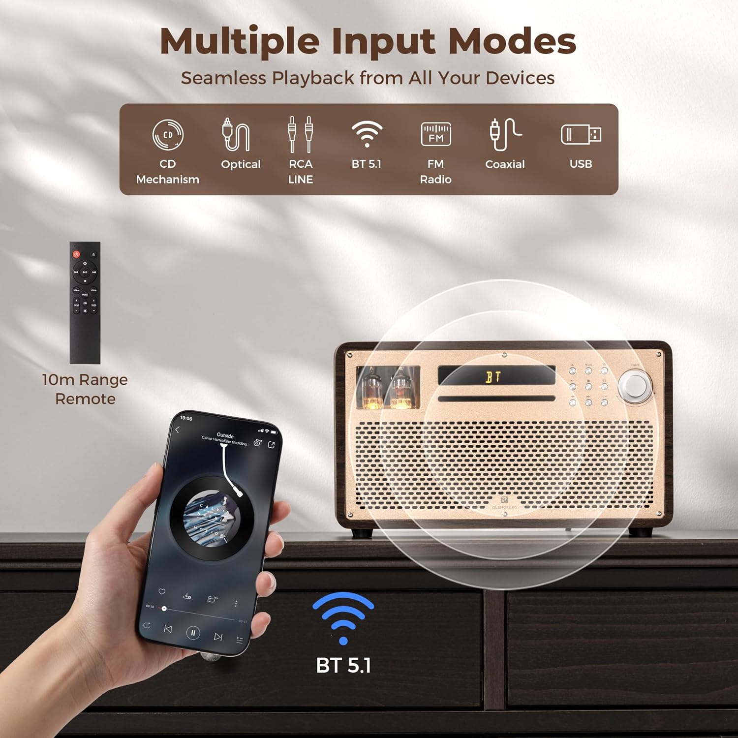 GLENCREAG VTS01 HiFi Vacuum Tube Speaker Amplifier with ECC82 Tubes CD/FM/BT/USB/RCA/Optical/Coaxial Inputs | Custom Sound Tuning & Remote Control