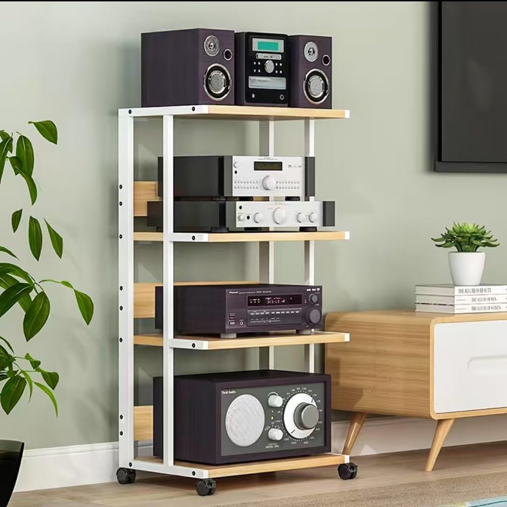 TAJMDGW Heavy Duty AV Media Stand Movable Tower Stereo Components Cabine with Wheels Large Audio Component Rack Amplifier HiFi Shelf for Living Gaming(White