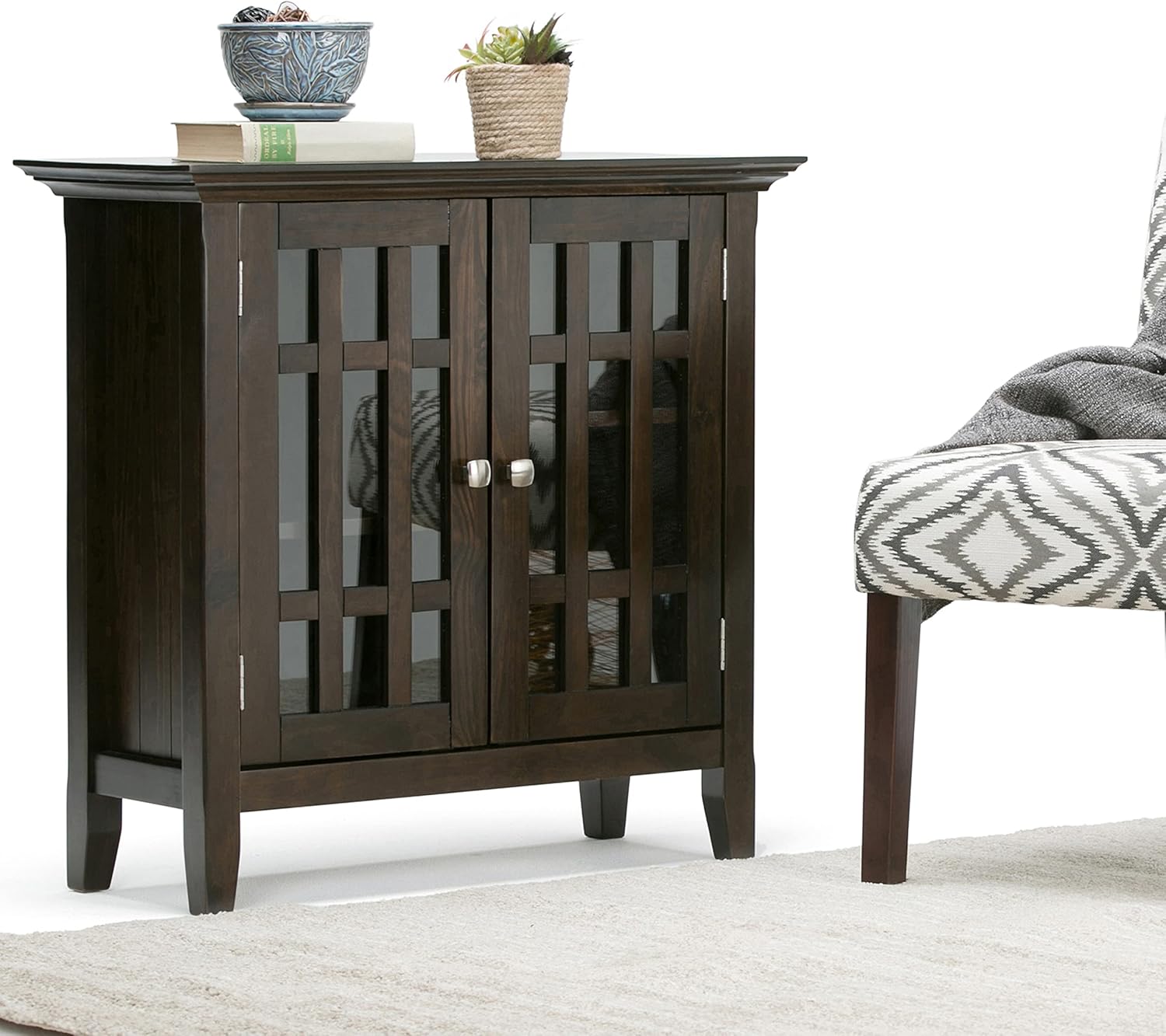 SIMPLIHOME Bedford Storage Cabinet - 32 inch Wide Solid Wood Low Media Cabinet in Dark Tobacco Brown