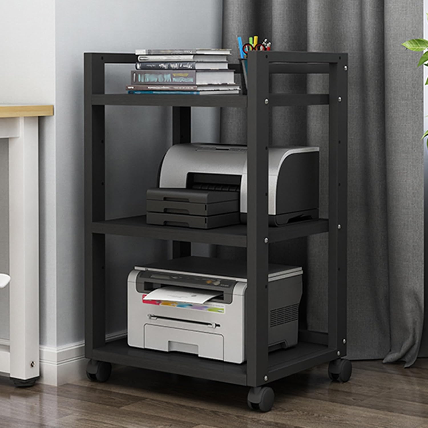 Audio Video AV Media Stand Wooden Storage Stereo Cabinet 3-Tier Corner Shelf with Wheels Revolving Amplifier Console Shelving Game Shelves Tower hifi dvd Rack Record Player Stands for Living Room(Blac