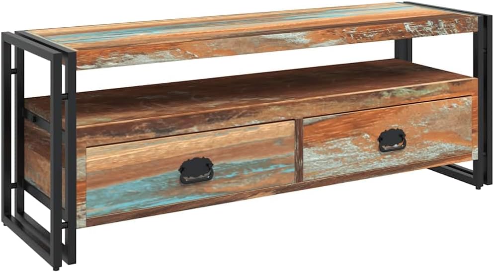 vidaXL Reclaimed Solid Wood TV Stand-Cabinet with Steel Frame & Drawers-Multicolored