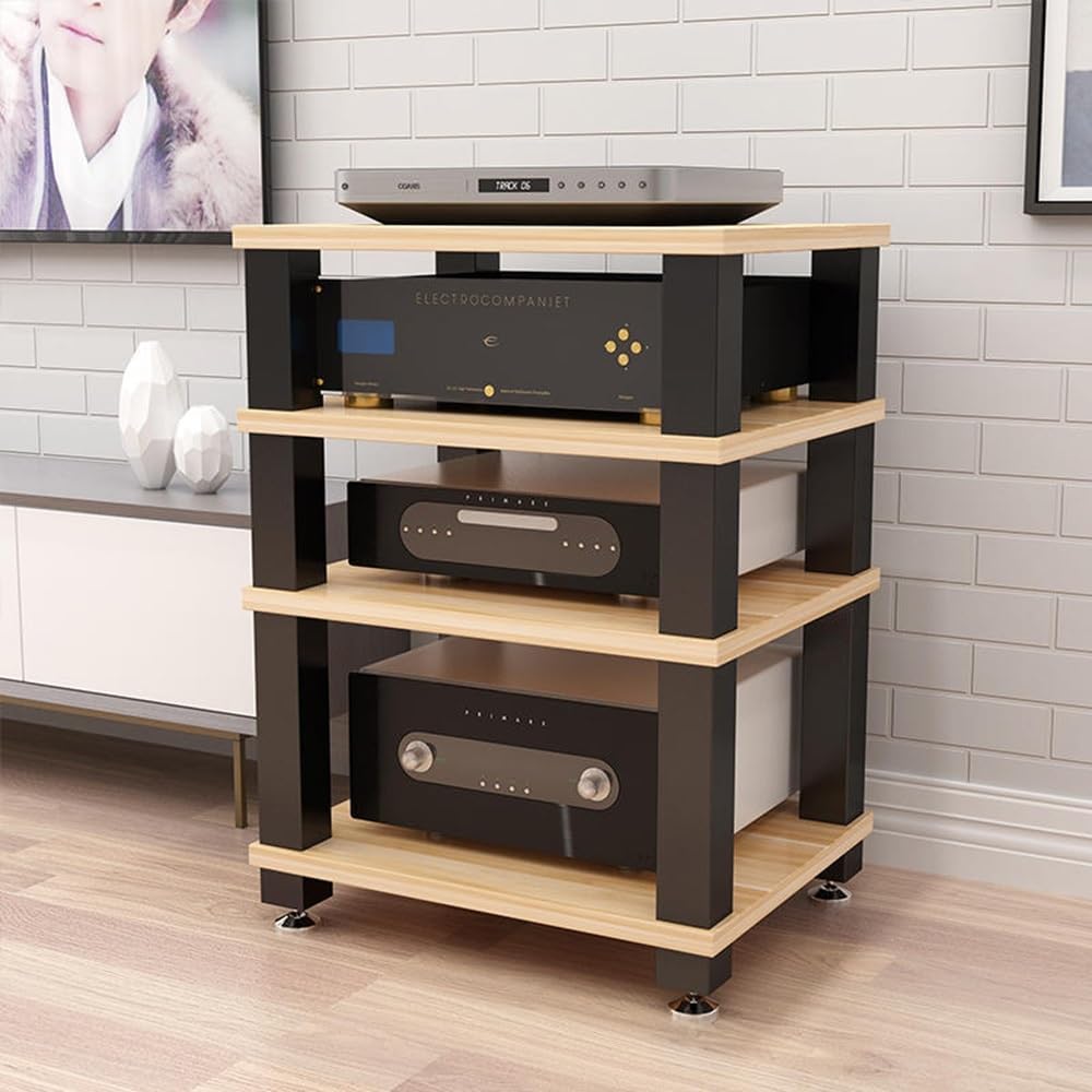 BIUBPW Audio Video Media Stand 1/2/3-Tier Media Storage Shelves AV Media Stand Audio Rack Stereo Component Storage Cabinet Solid Wood HiFi Stand(Brown