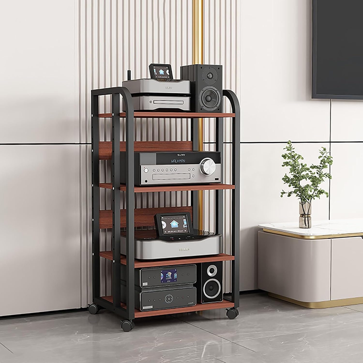 HOFSSI 4 Tier AV Media Cabinet Stand Component Cabinet Adjustable Open Storage Rack Floor-Standing Multi-Function Shelf Cabinet for Living