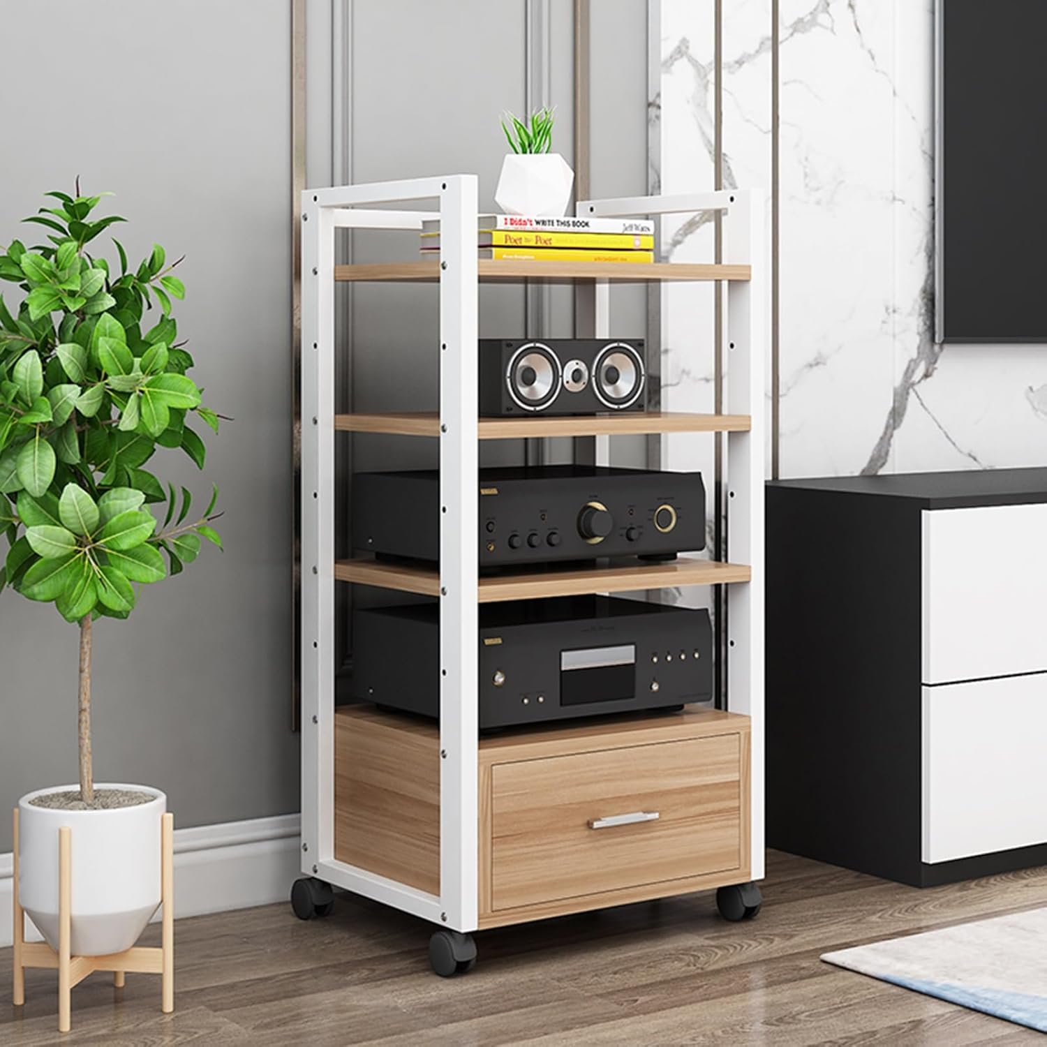 AV Media Stand Cabinet Audio Rack CD Player Stand Home Corner TV Stand Stereo Components Cabinet Multi-Function Open Storage Shelf with Wooden Shelves