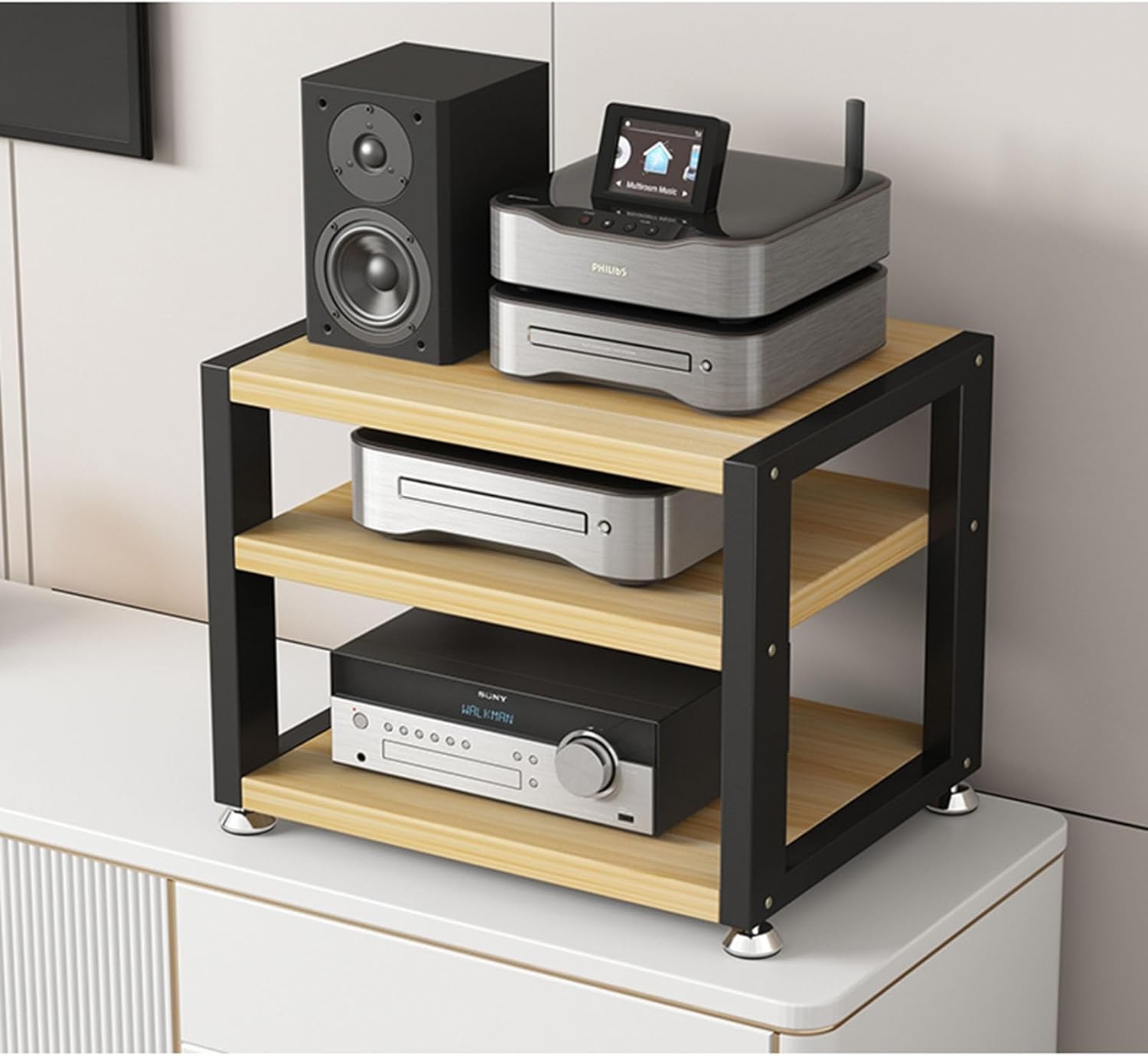 Multi-Functional Stereo Shelf Home Office Desktop Amplifier Cabinet Audio Rack AV Media Player Stand with Wooden Storage Shelves and Steel Frame (Color : B