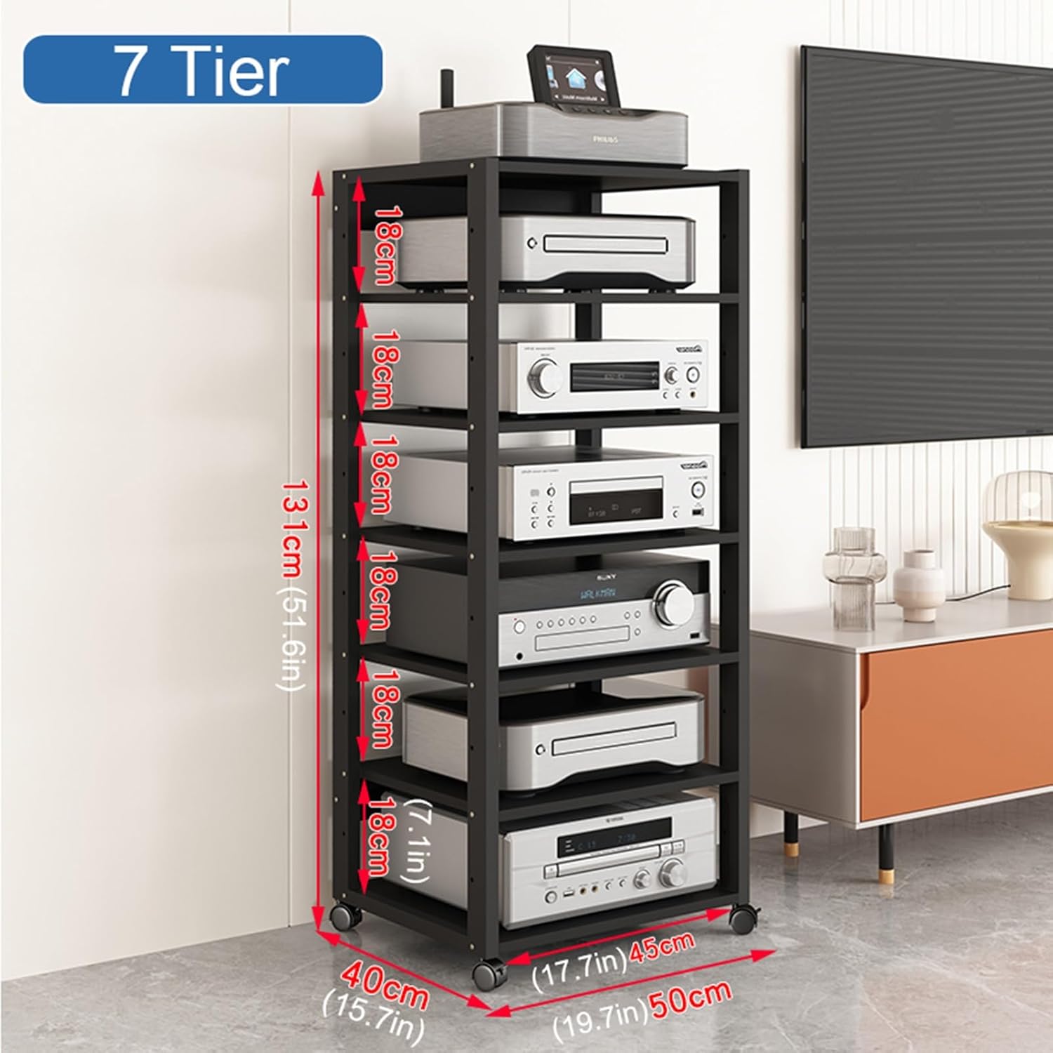 3/4/5/6/7 Tier Audio Rack CD Media Player Stand Audio/Video Component Cabinet Floor-Standing Movable Storage Wooden Shelf with Wheels for Home/Office/Theater