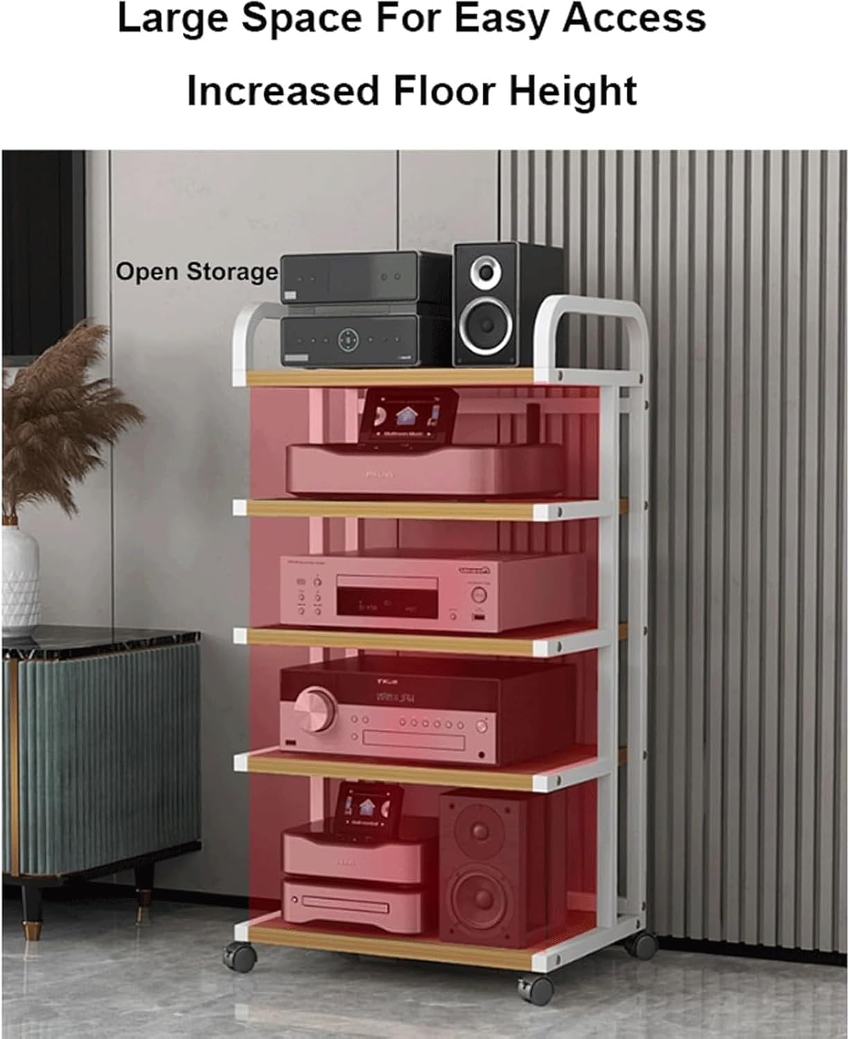 PZEOB AV Media Stand Carbon Steel + E1 Grade Plate Audio Rack Stand with Wheels Stereo Component Stand Audio-Video Shelving Stereo Rack(Black